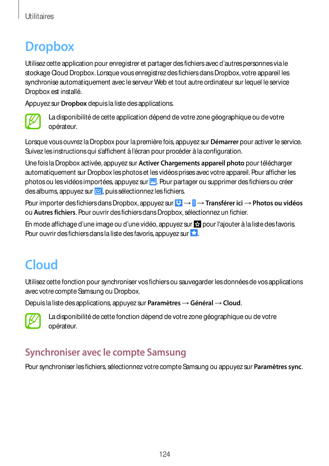 Samsung SM-T325NZWAXEF manual Dropbox, Cloud, Synchroniser avec le compte Samsung 