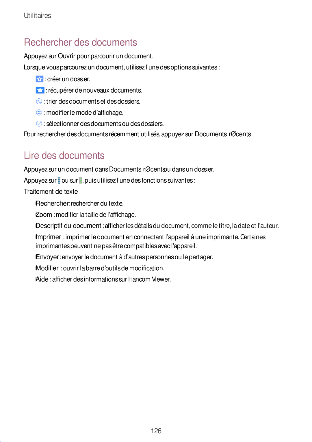 Samsung SM-T325NZWAXEF manual Rechercher des documents, Lire des documents, Traitement de texte 