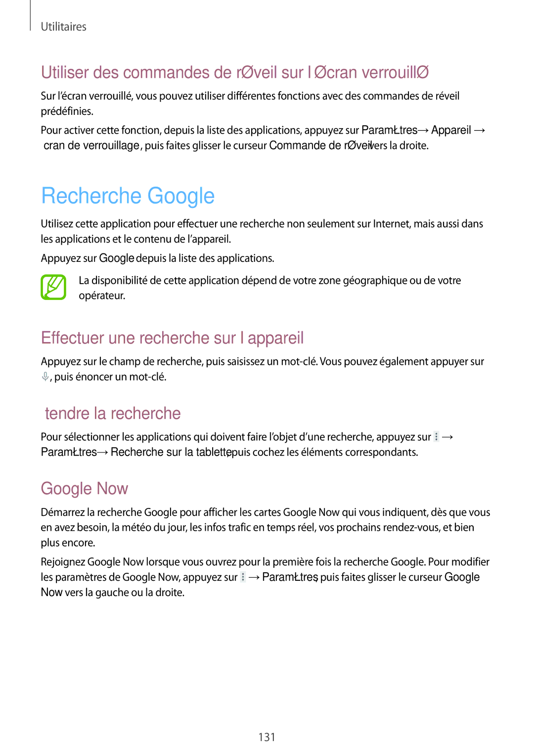 Samsung SM-T325NZWAXEF Recherche Google, Utiliser des commandes de réveil sur l’écran verrouillé, Étendre la recherche 