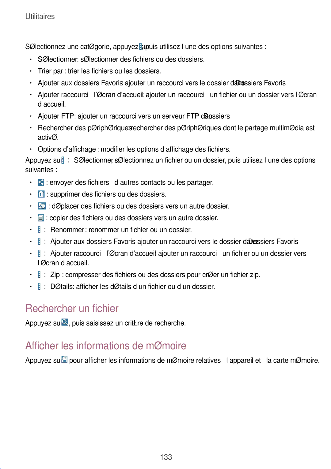 Samsung SM-T325NZWAXEF manual Rechercher un fichier, Afficher les informations de mémoire 