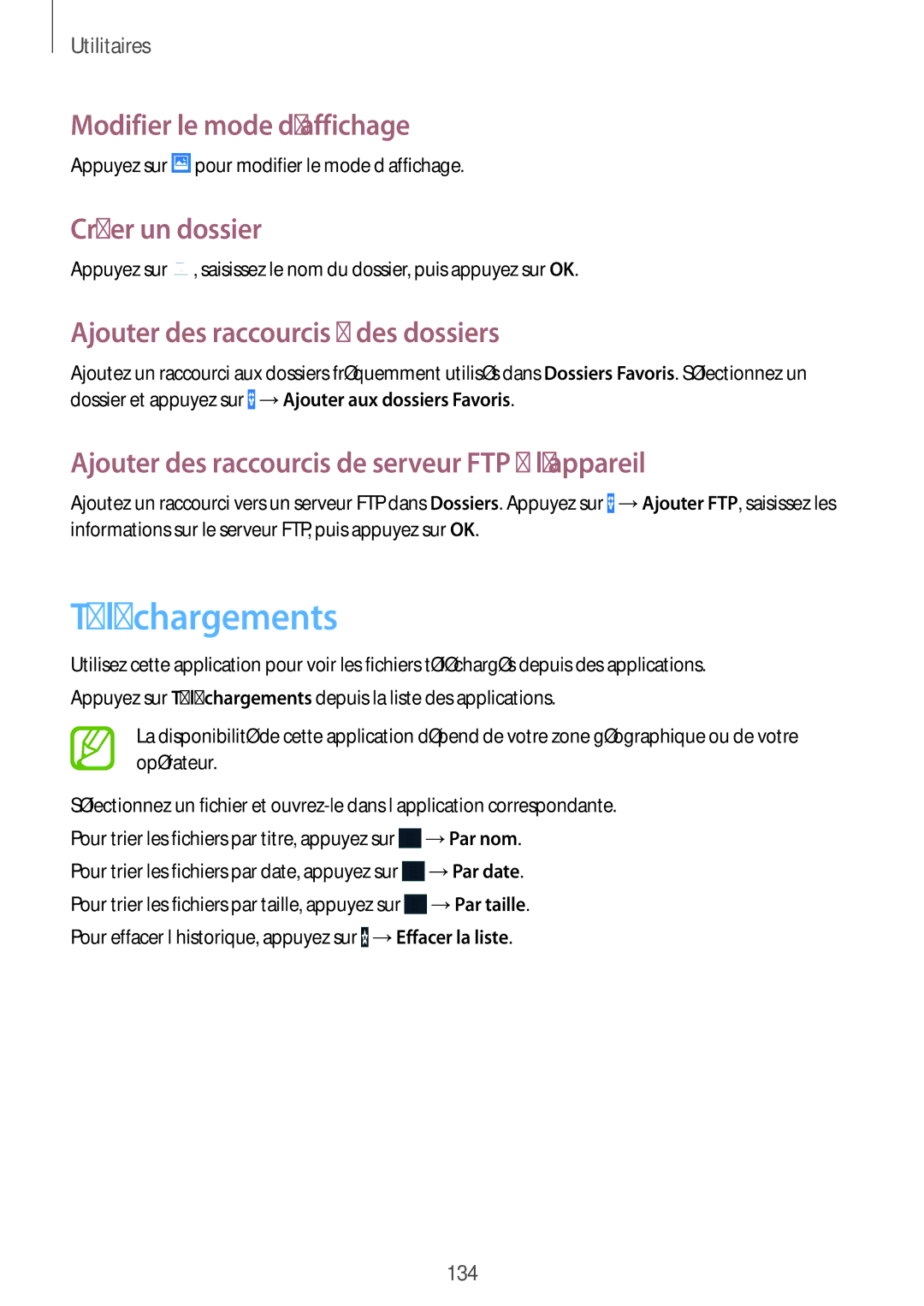 Samsung SM-T325NZWAXEF manual Téléchargements, Modifier le mode d’affichage, Créer un dossier 