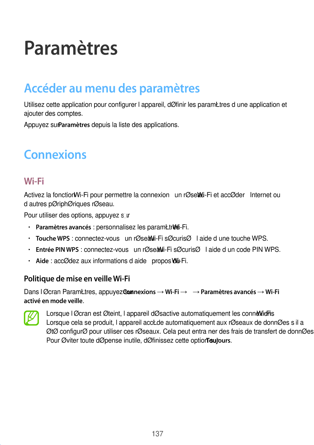 Samsung SM-T325NZWAXEF manual Accéder au menu des paramètres, Connexions, Politique de mise en veille Wi-Fi 