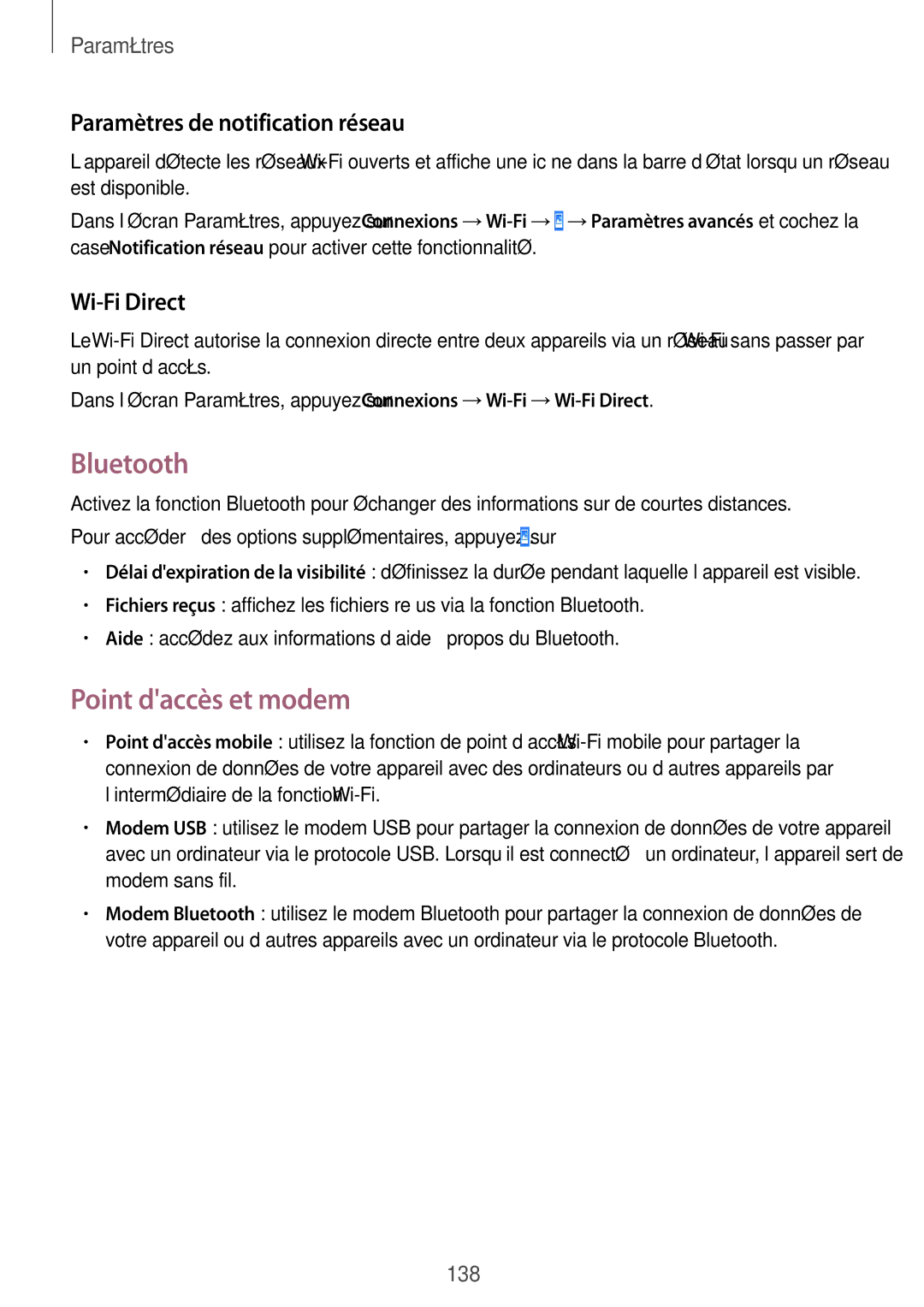 Samsung SM-T325NZWAXEF manual Bluetooth, Point daccès et modem, Paramètres de notification réseau, Wi-Fi Direct 