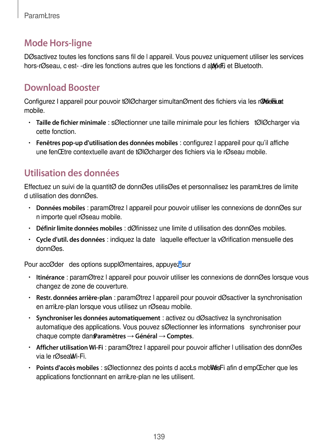 Samsung SM-T325NZWAXEF manual Mode Hors-ligne, Download Booster, Utilisation des données 