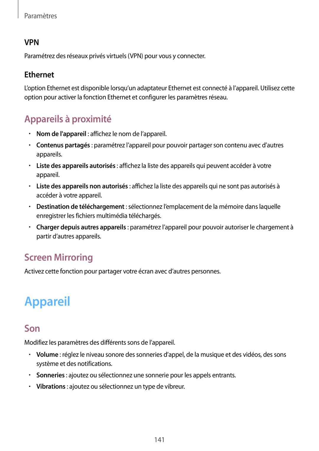 Samsung SM-T325NZWAXEF manual Appareils à proximité, Screen Mirroring, Son, Ethernet 