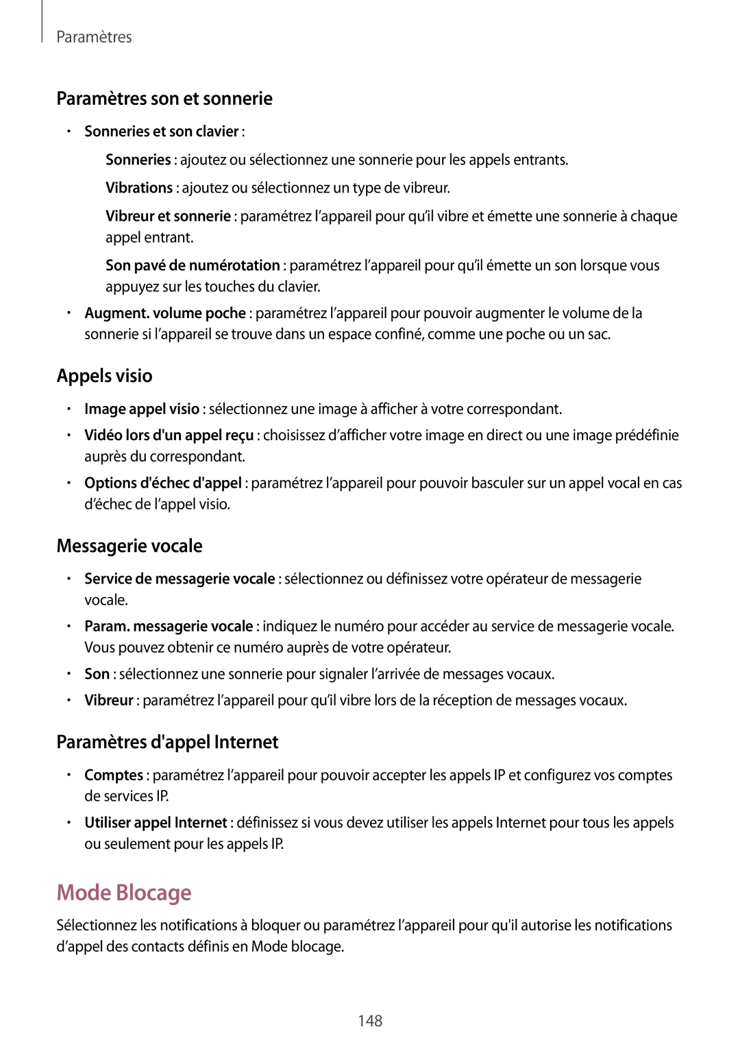 Samsung SM-T325NZWAXEF manual Mode Blocage, Paramètres son et sonnerie, Appels visio, Messagerie vocale 