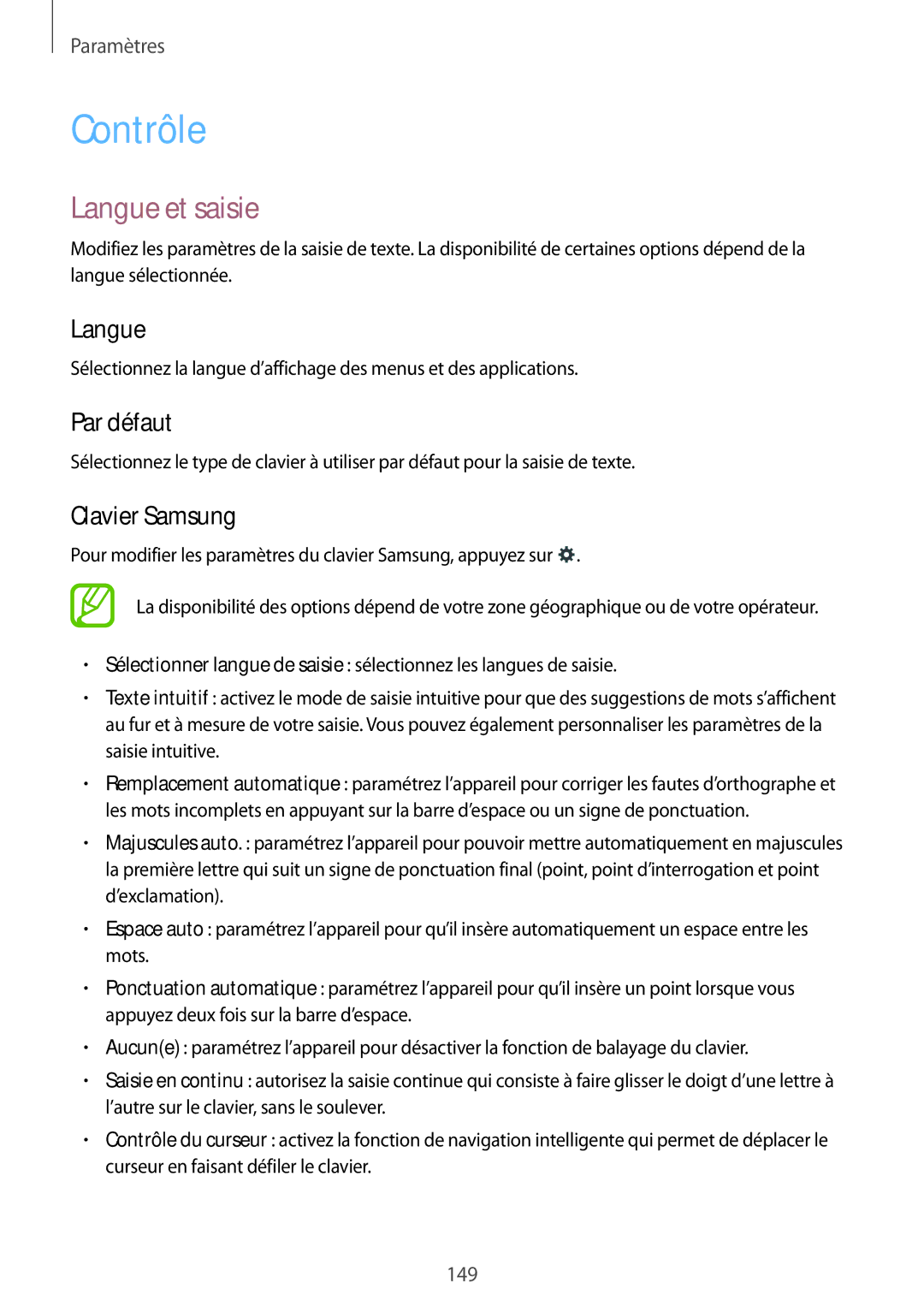 Samsung SM-T325NZWAXEF manual Contrôle, Langue et saisie, Par défaut, Clavier Samsung 