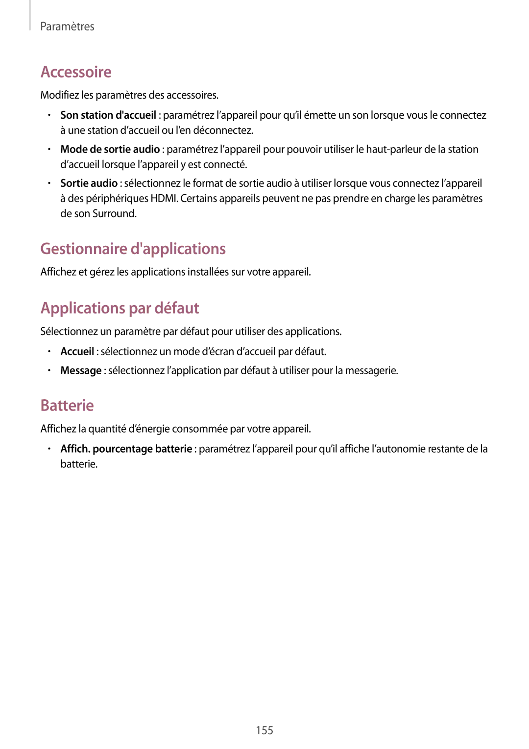 Samsung SM-T325NZWAXEF manual Accessoire, Gestionnaire dapplications, Applications par défaut, Batterie 