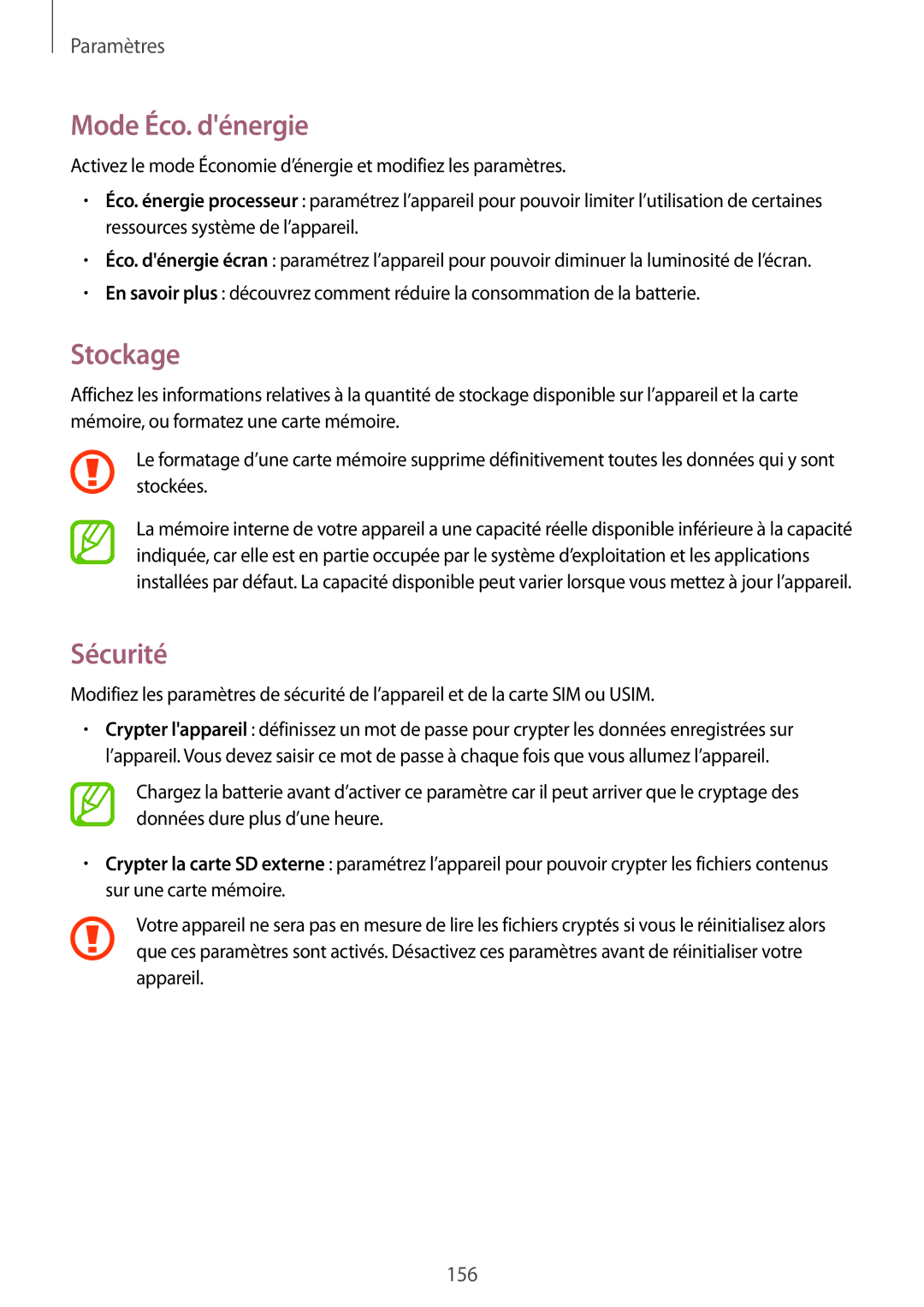 Samsung SM-T325NZWAXEF manual Mode Éco. dénergie, Stockage, Sécurité 