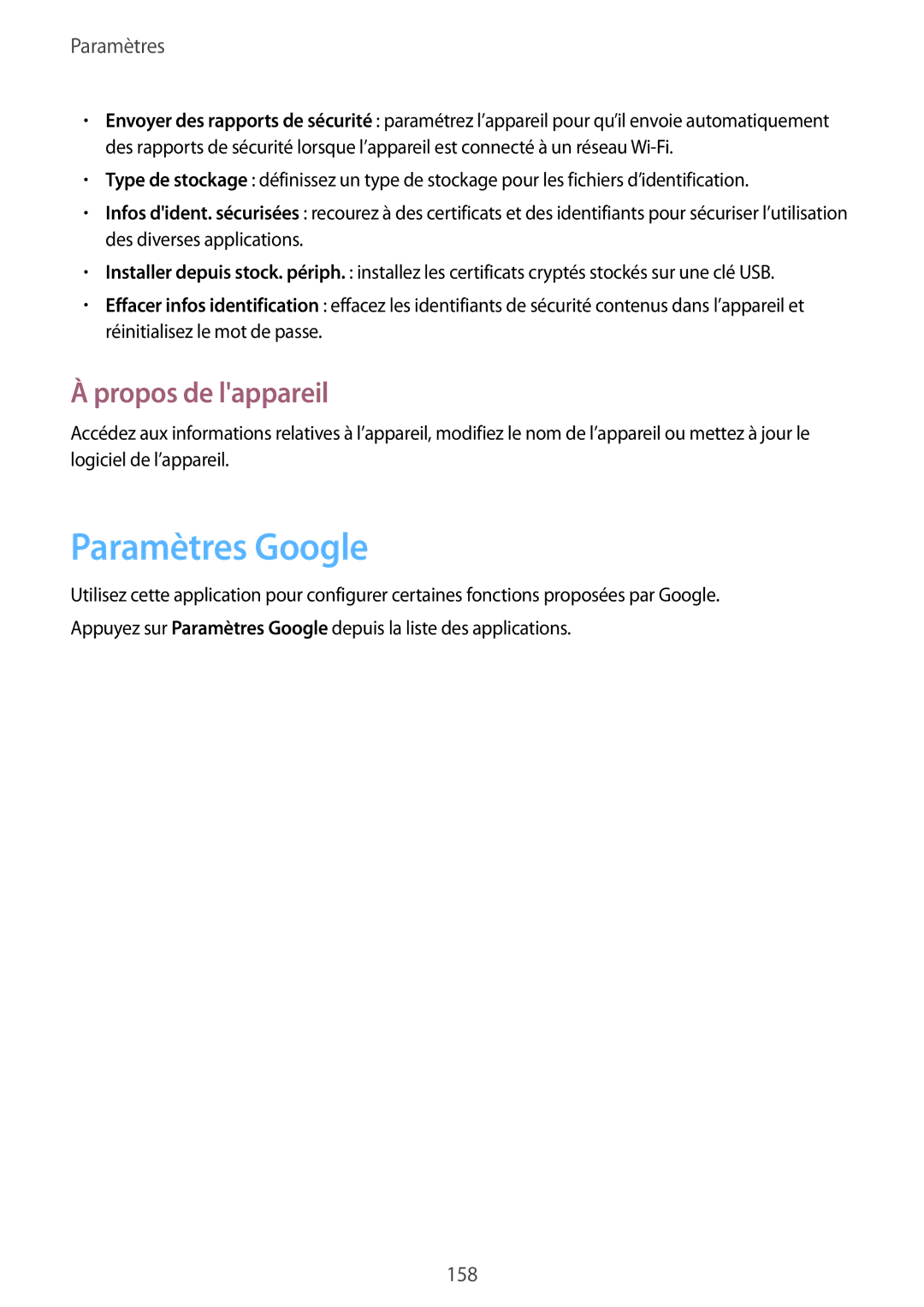 Samsung SM-T325NZWAXEF manual Paramètres Google, Propos de lappareil 