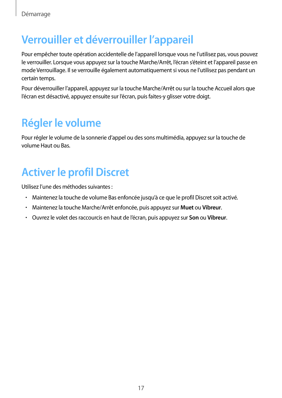 Samsung SM-T325NZWAXEF manual Verrouiller et déverrouiller l’appareil, Régler le volume, Activer le profil Discret 
