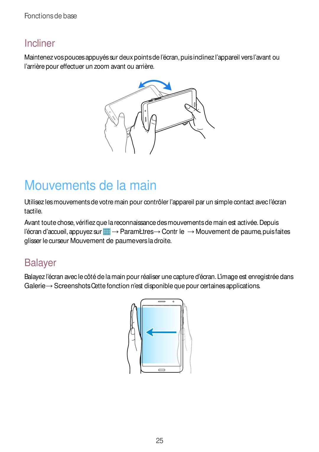 Samsung SM-T325NZWAXEF manual Mouvements de la main, Incliner, Balayer 