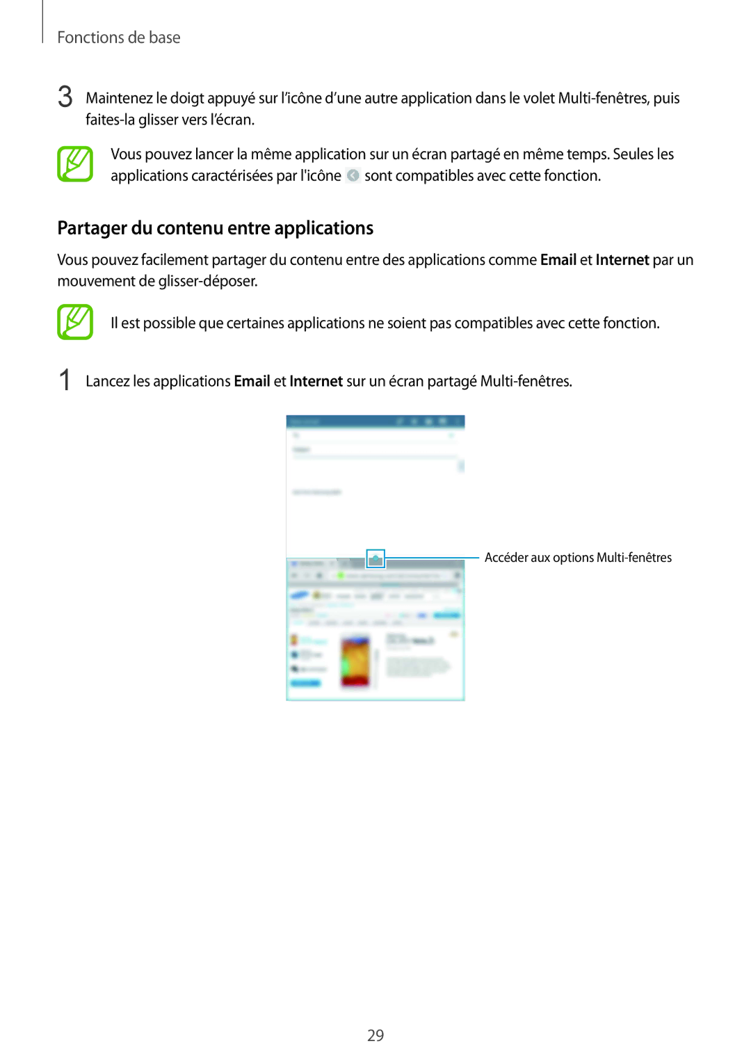 Samsung SM-T325NZWAXEF manual Partager du contenu entre applications 