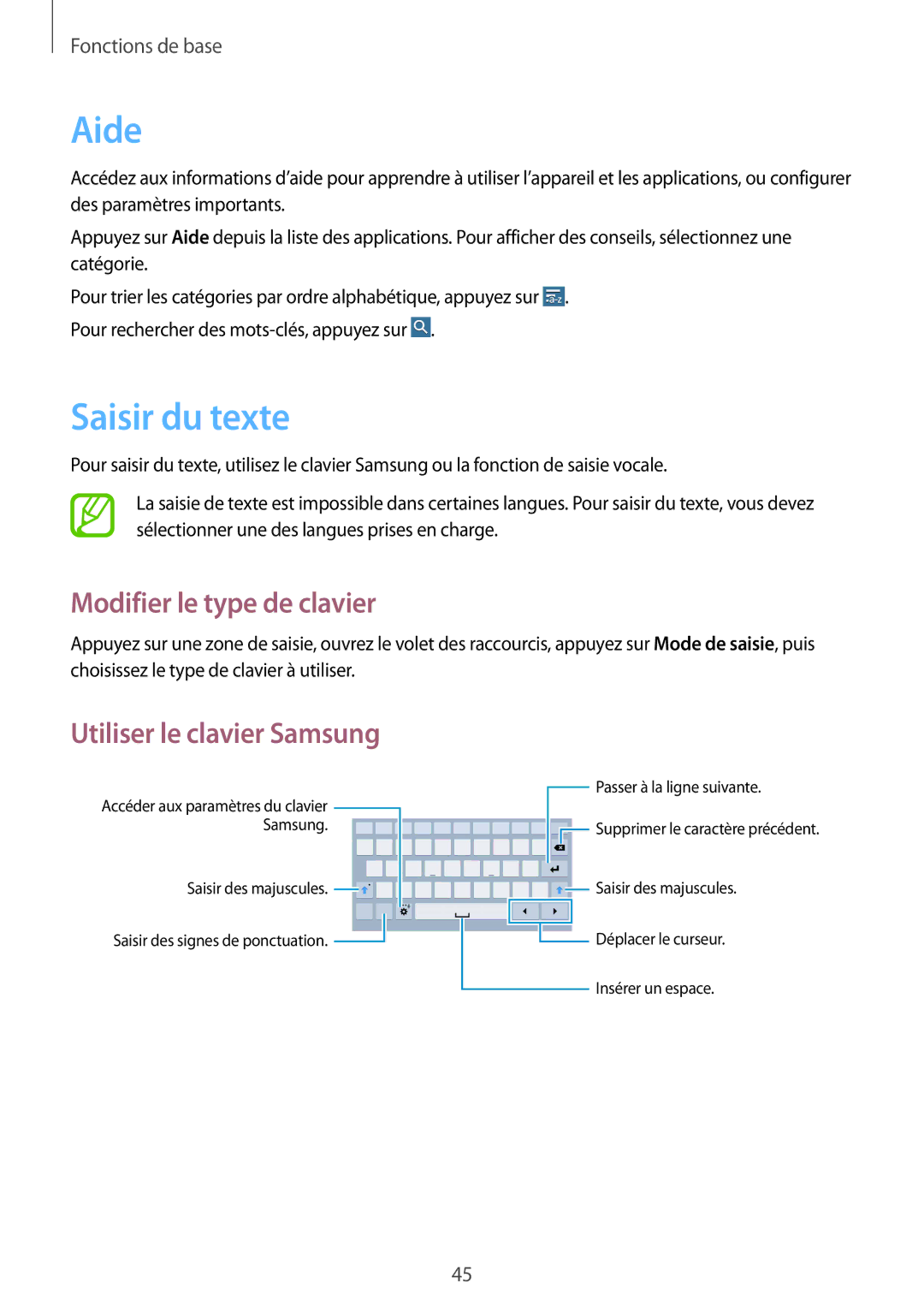 Samsung SM-T325NZWAXEF manual Aide, Saisir du texte, Modifier le type de clavier, Utiliser le clavier Samsung 