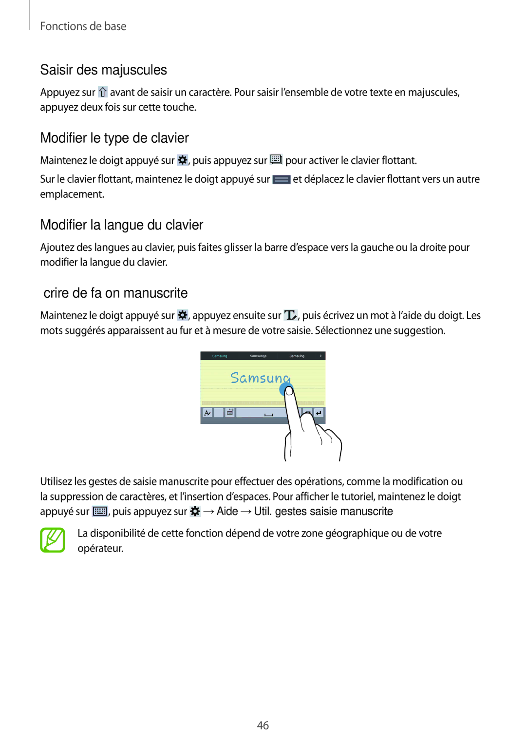 Samsung SM-T325NZWAXEF manual Saisir des majuscules, Modifier le type de clavier, Modifier la langue du clavier 