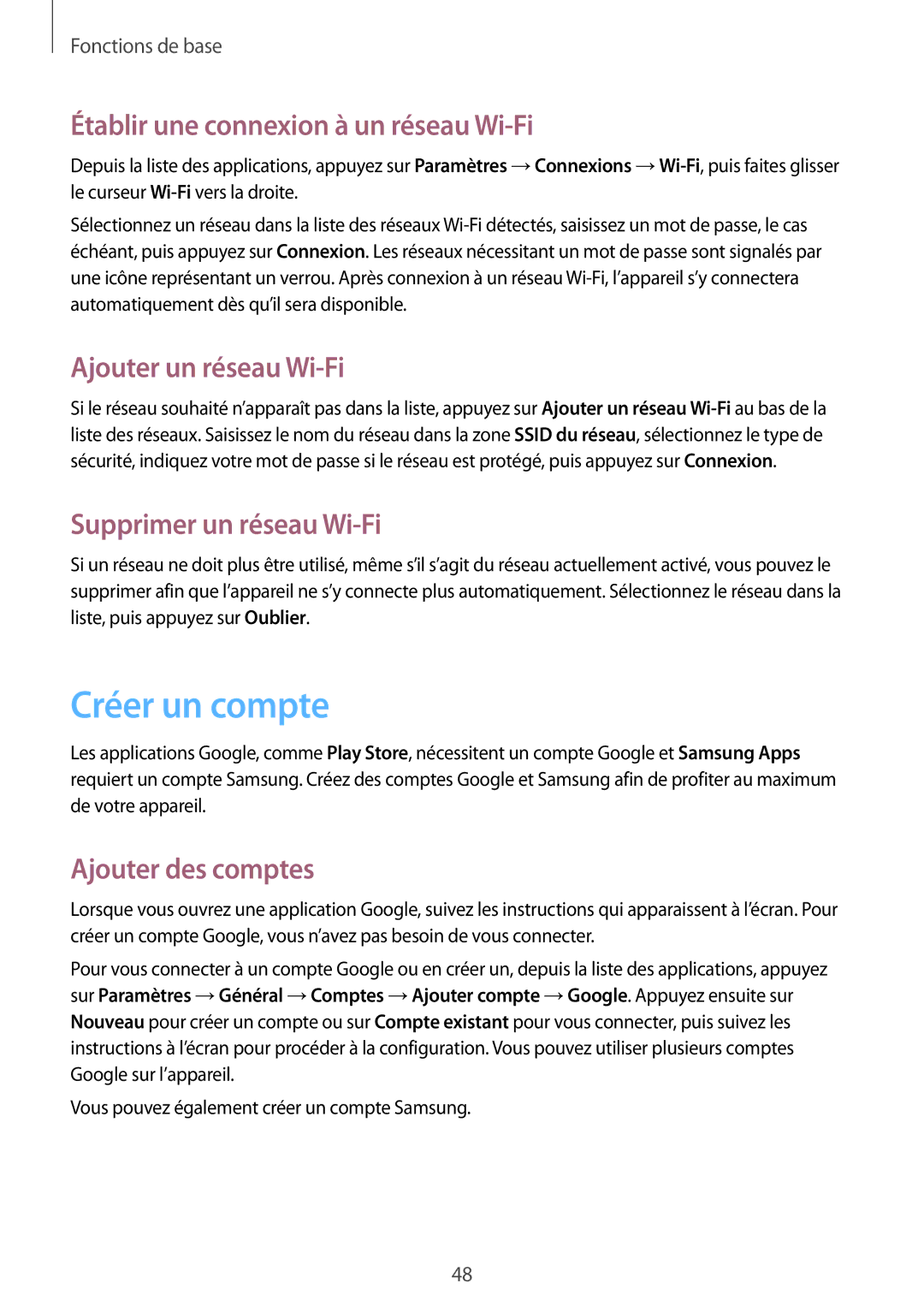 Samsung SM-T325NZWAXEF manual Créer un compte, Établir une connexion à un réseau Wi-Fi, Ajouter un réseau Wi-Fi 