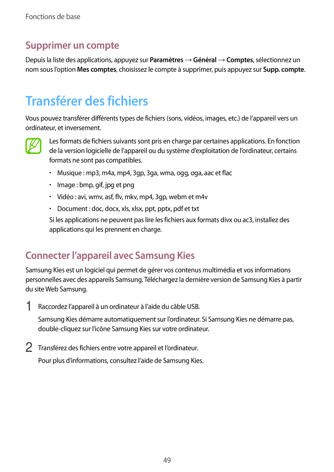 Samsung SM-T325NZWAXEF manual Transférer des fichiers, Supprimer un compte, Connecter l’appareil avec Samsung Kies 