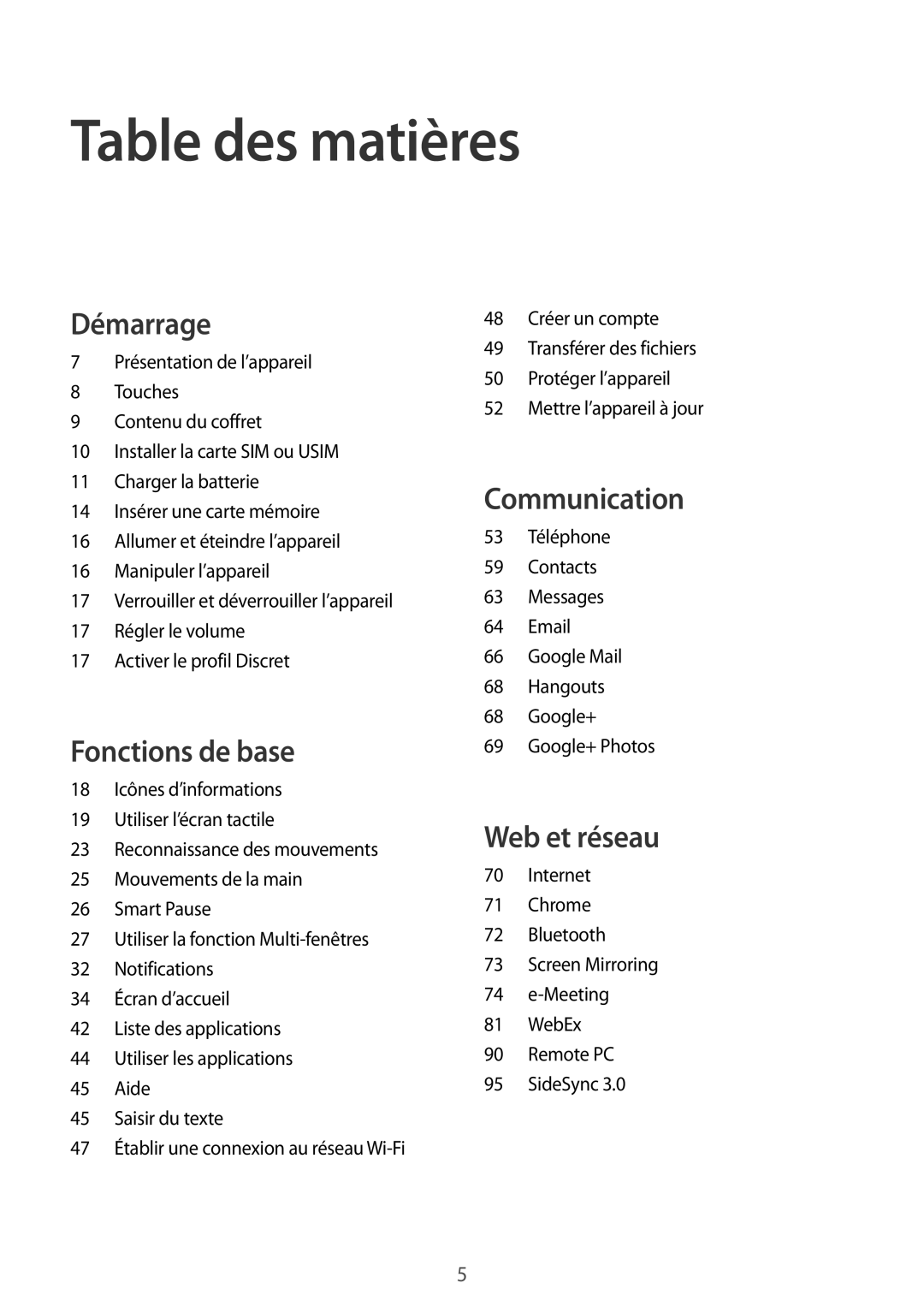 Samsung SM-T325NZWAXEF manual Table des matières 