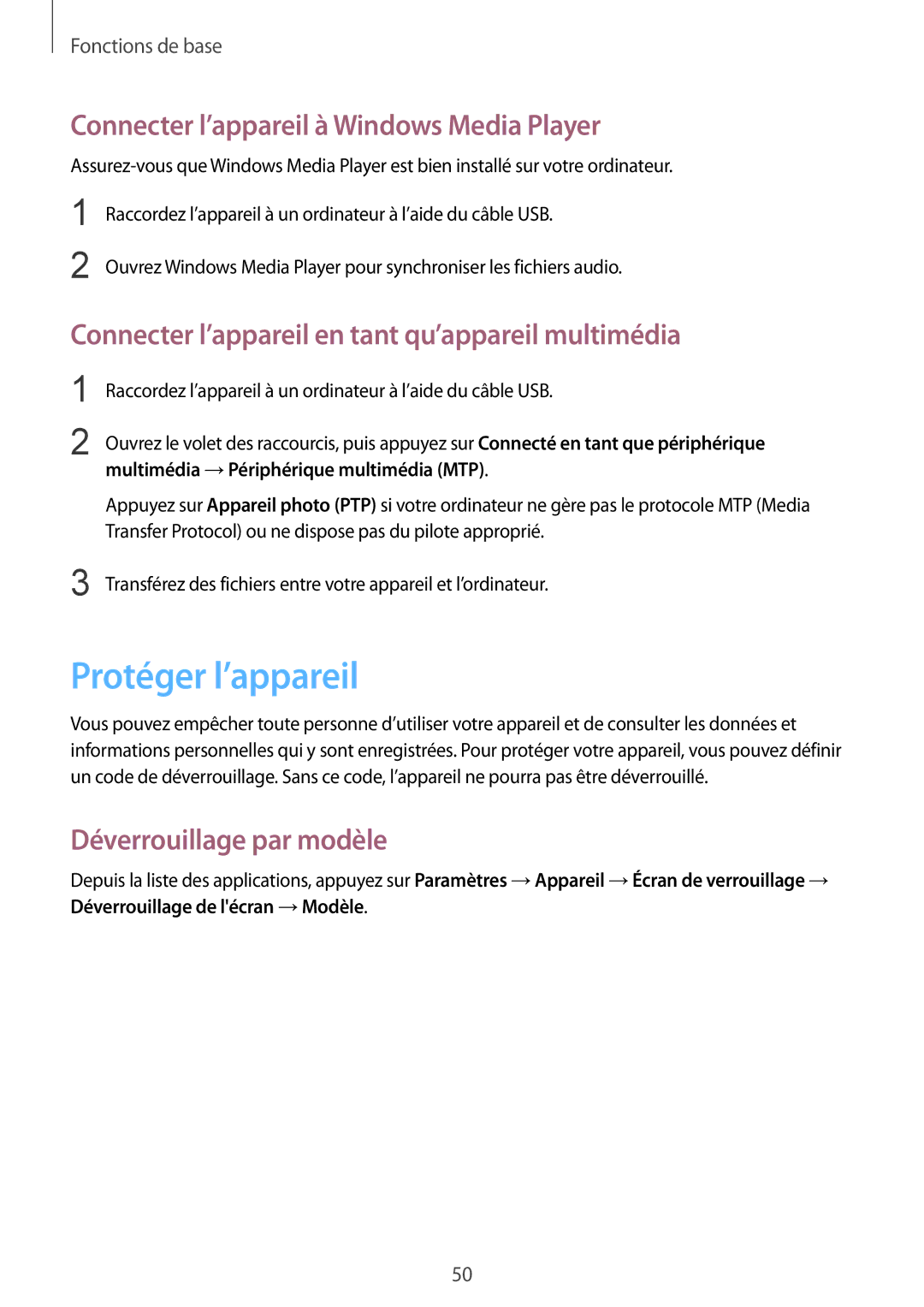 Samsung SM-T325NZWAXEF manual Protéger l’appareil, Connecter l’appareil à Windows Media Player, Déverrouillage par modèle 