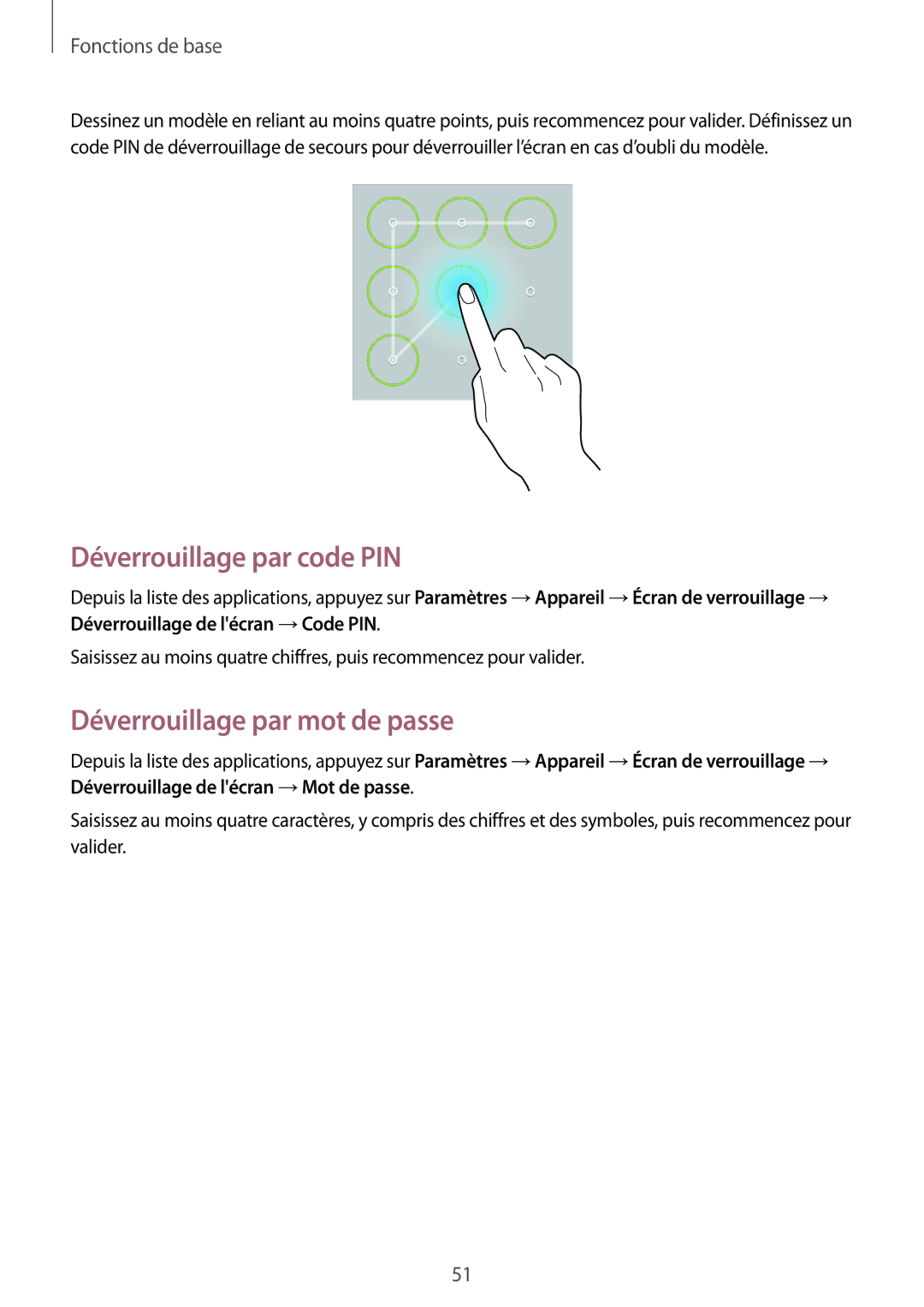 Samsung SM-T325NZWAXEF manual Déverrouillage par code PIN, Déverrouillage par mot de passe 