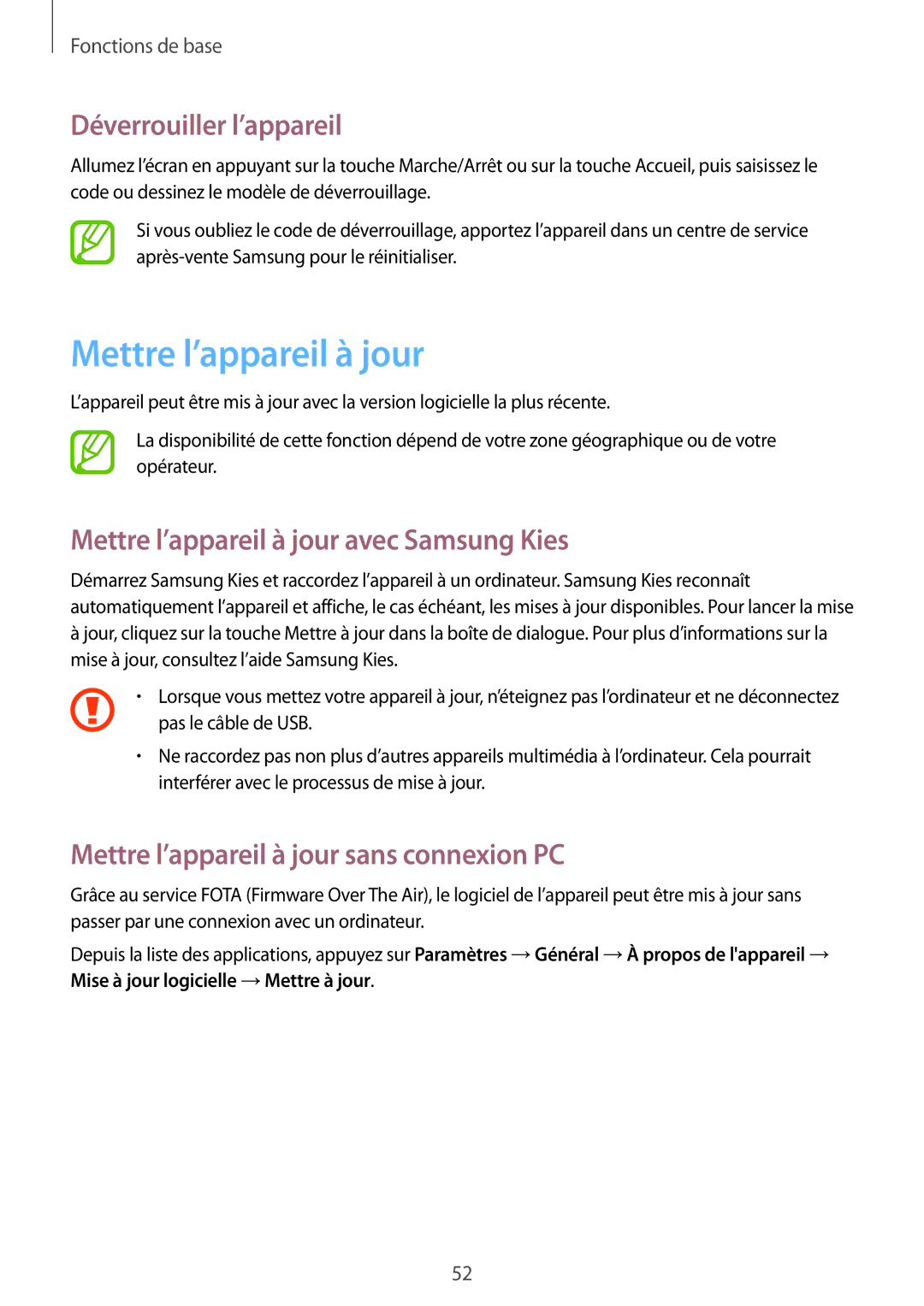 Samsung SM-T325NZWAXEF manual Déverrouiller l’appareil, Mettre l’appareil à jour avec Samsung Kies 