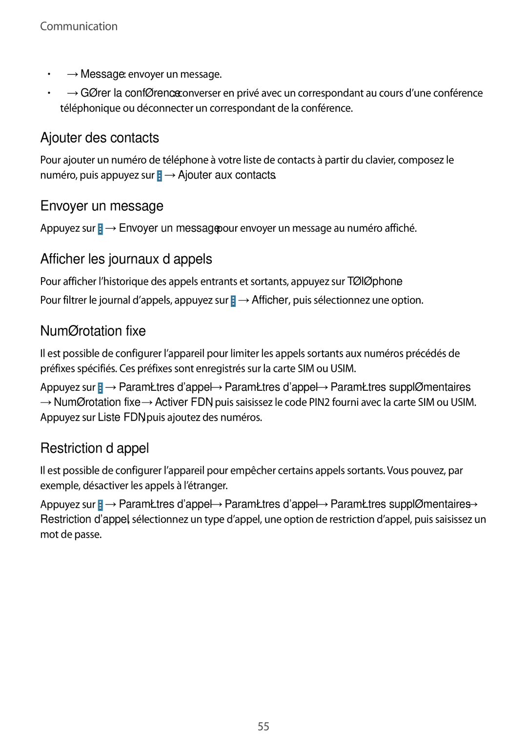 Samsung SM-T325NZWAXEF manual Ajouter des contacts, Envoyer un message, Afficher les journaux d’appels, Numérotation fixe 