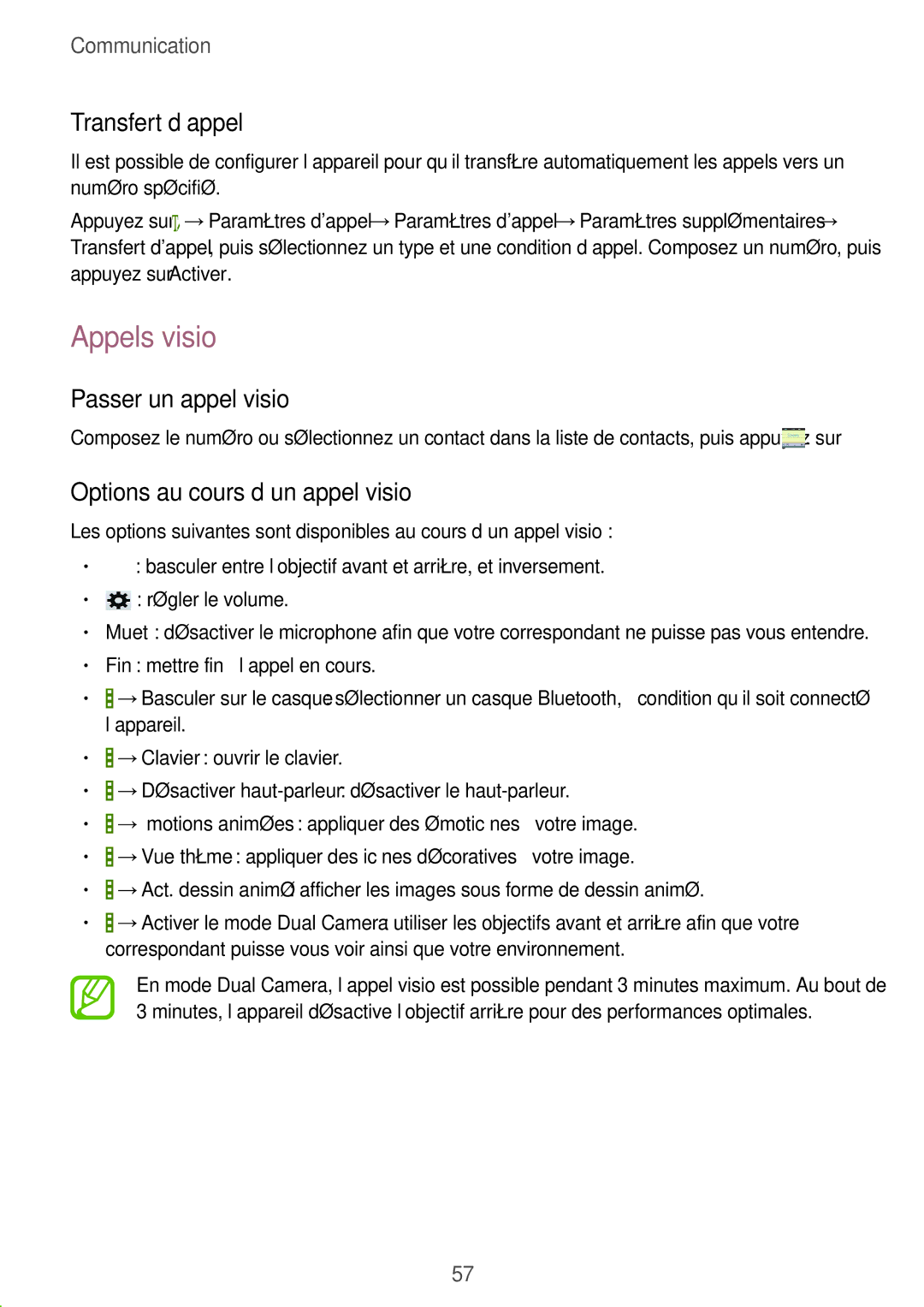 Samsung SM-T325NZWAXEF manual Appels visio, Transfert d’appel, Passer un appel visio, Options au cours d’un appel visio 