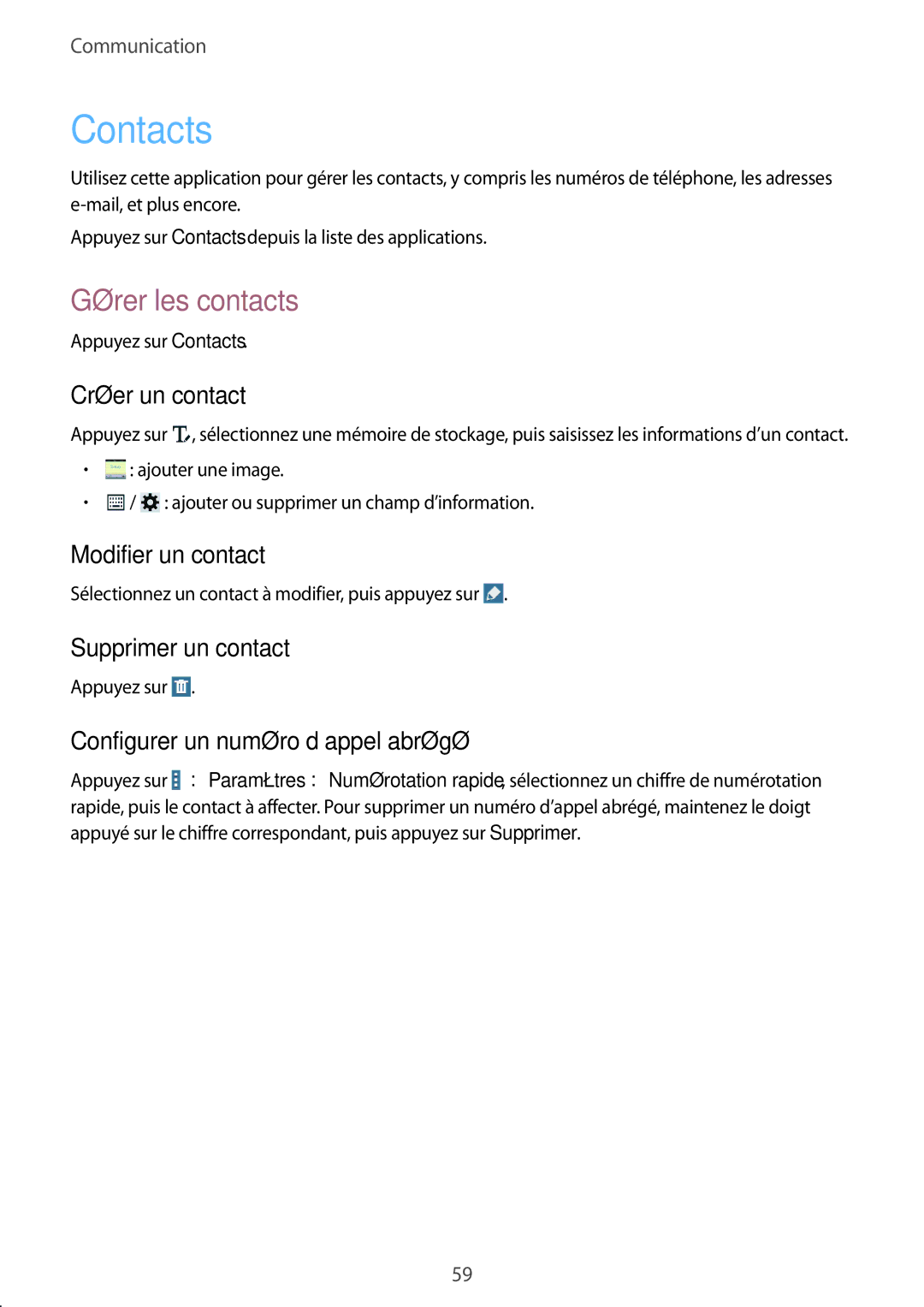 Samsung SM-T325NZWAXEF manual Contacts, Gérer les contacts 