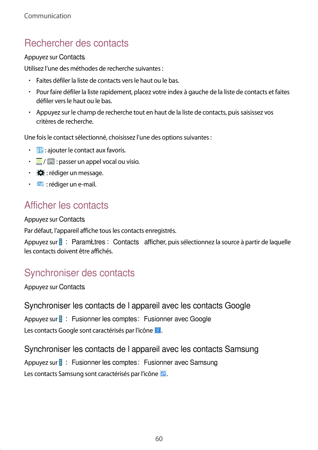 Samsung SM-T325NZWAXEF manual Rechercher des contacts, Afficher les contacts, Synchroniser des contacts 