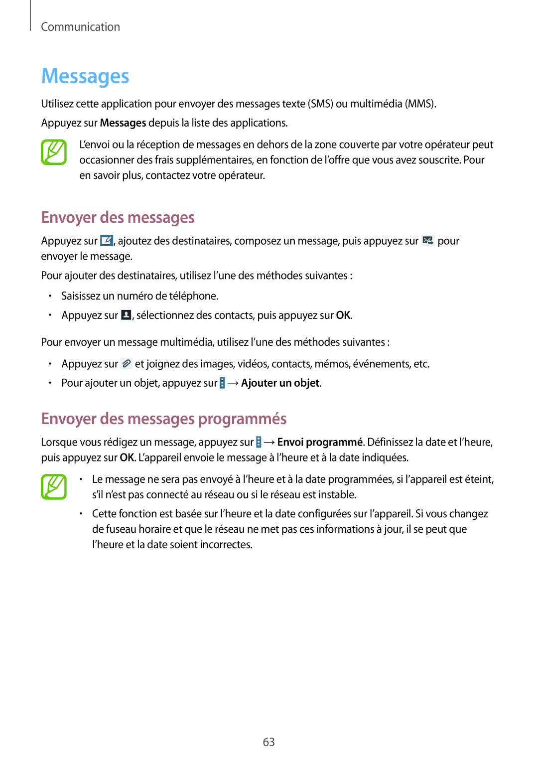 Samsung SM-T325NZWAXEF manual Messages, Envoyer des messages programmés 