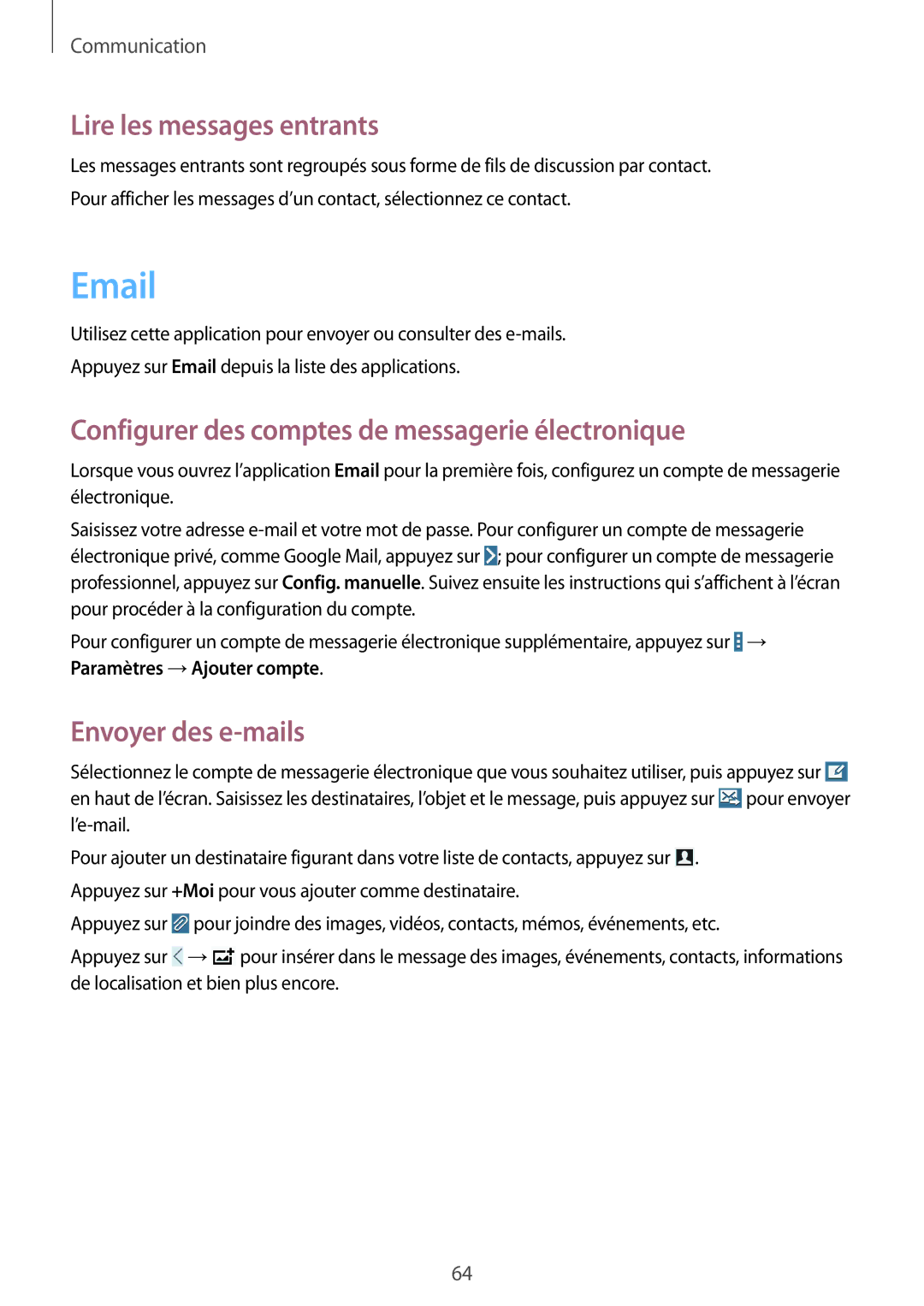 Samsung SM-T325NZWAXEF Lire les messages entrants, Configurer des comptes de messagerie électronique, Envoyer des e-mails 