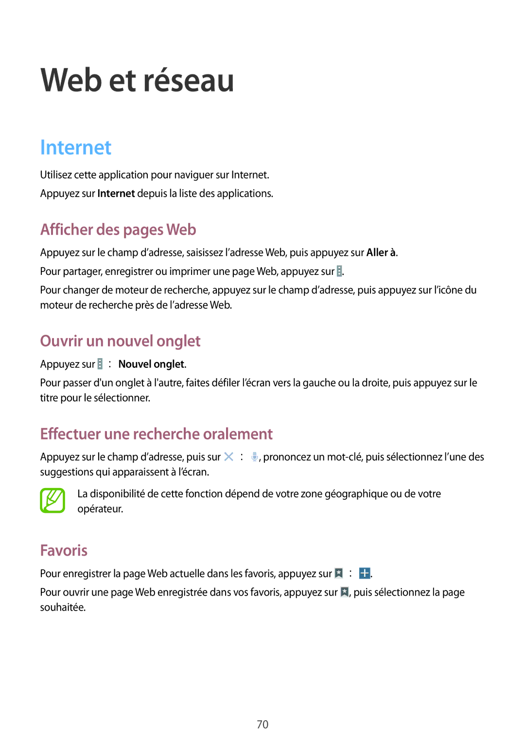 Samsung SM-T325NZWAXEF manual Internet, Afficher des pages Web, Ouvrir un nouvel onglet, Effectuer une recherche oralement 