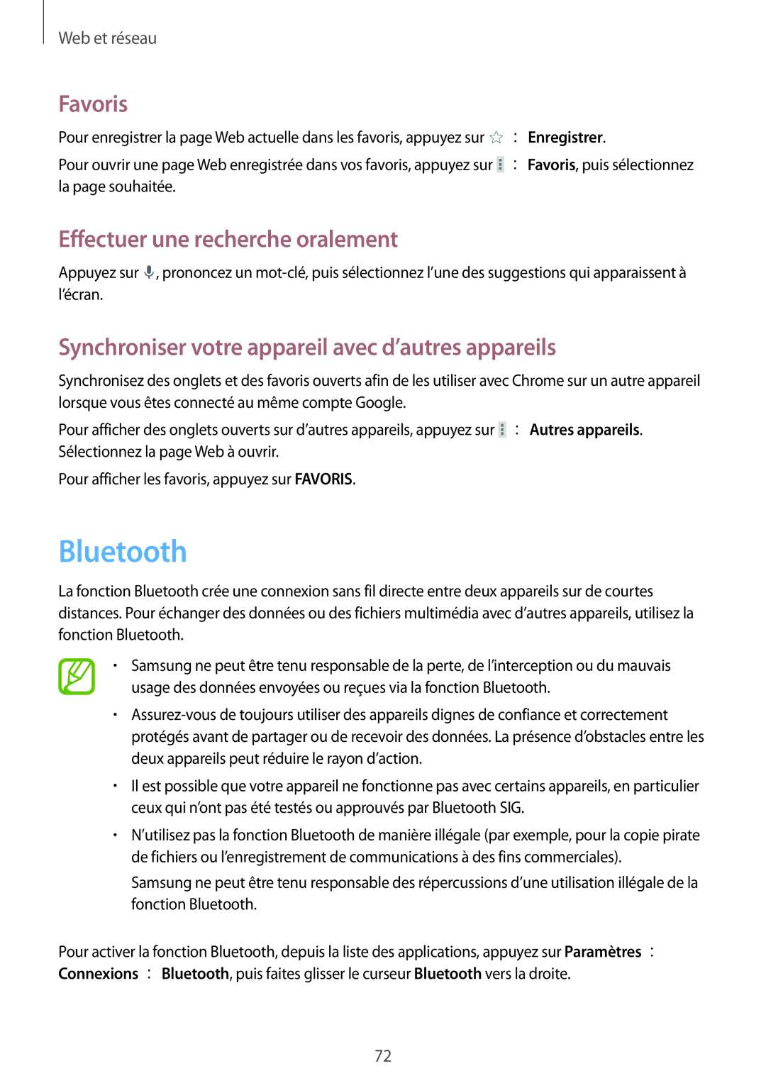 Samsung SM-T325NZWAXEF manual Bluetooth, Synchroniser votre appareil avec d’autres appareils 