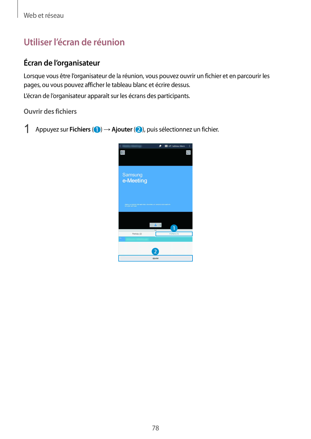 Samsung SM-T325NZWAXEF manual Utiliser l’écran de réunion, Écran de l’organisateur 