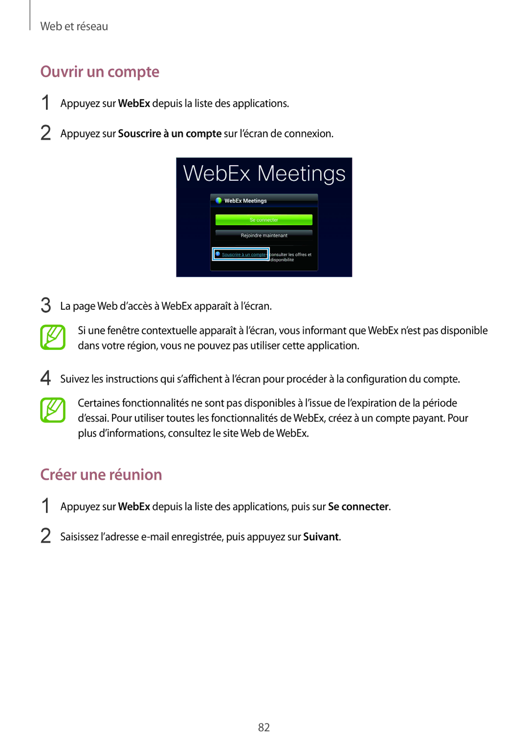 Samsung SM-T325NZWAXEF manual Ouvrir un compte, Créer une réunion 