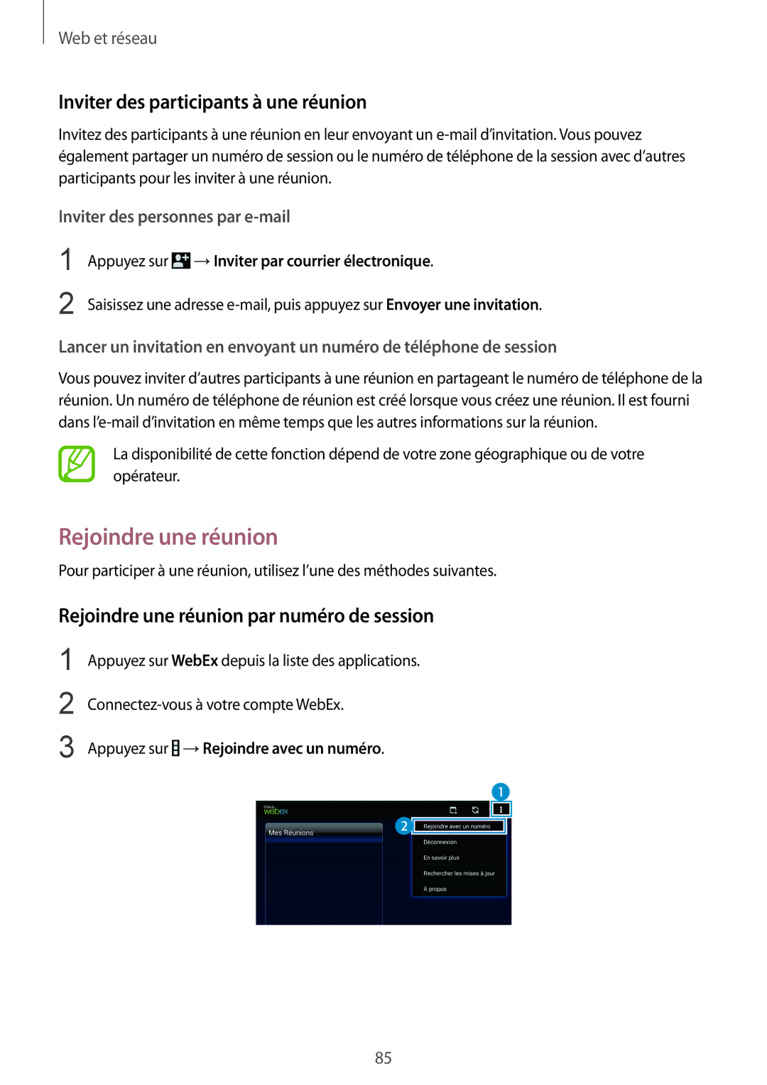 Samsung SM-T325NZWAXEF manual Rejoindre une réunion, Inviter des participants à une réunion 