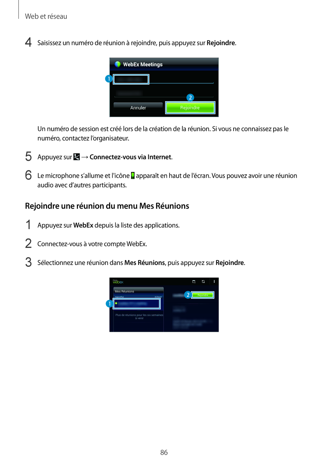 Samsung SM-T325NZWAXEF manual Rejoindre une réunion du menu Mes Réunions, Appuyez sur →Connectez-vous via Internet 