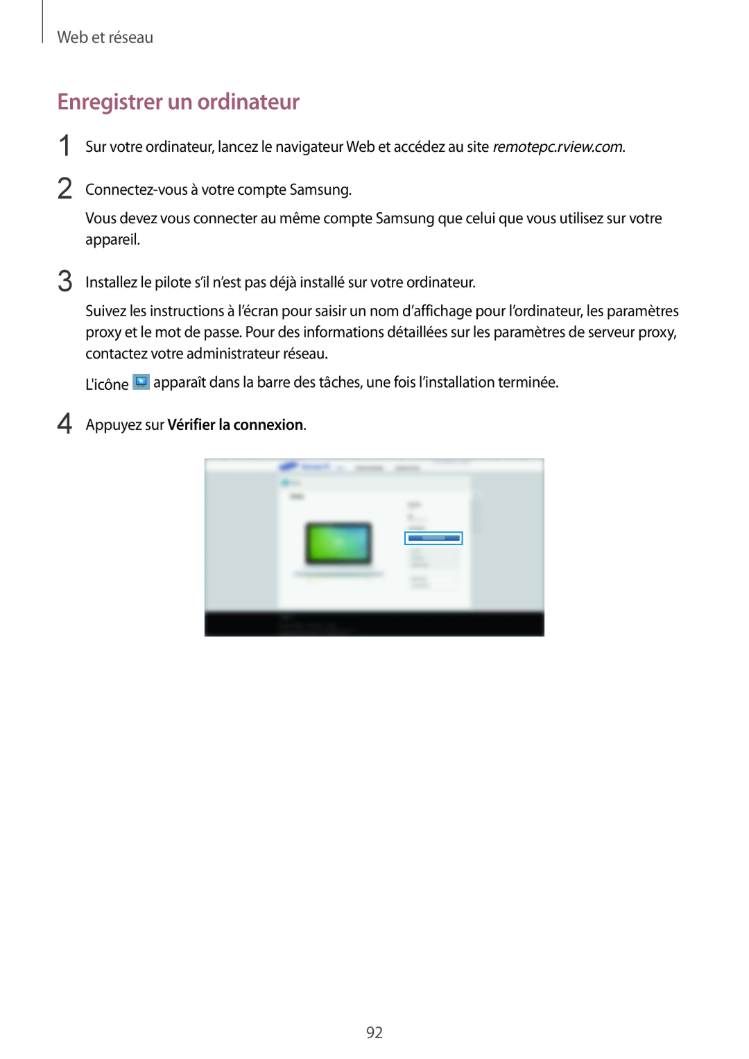 Samsung SM-T325NZWAXEF manual Enregistrer un ordinateur, Appuyez sur Vérifier la connexion 