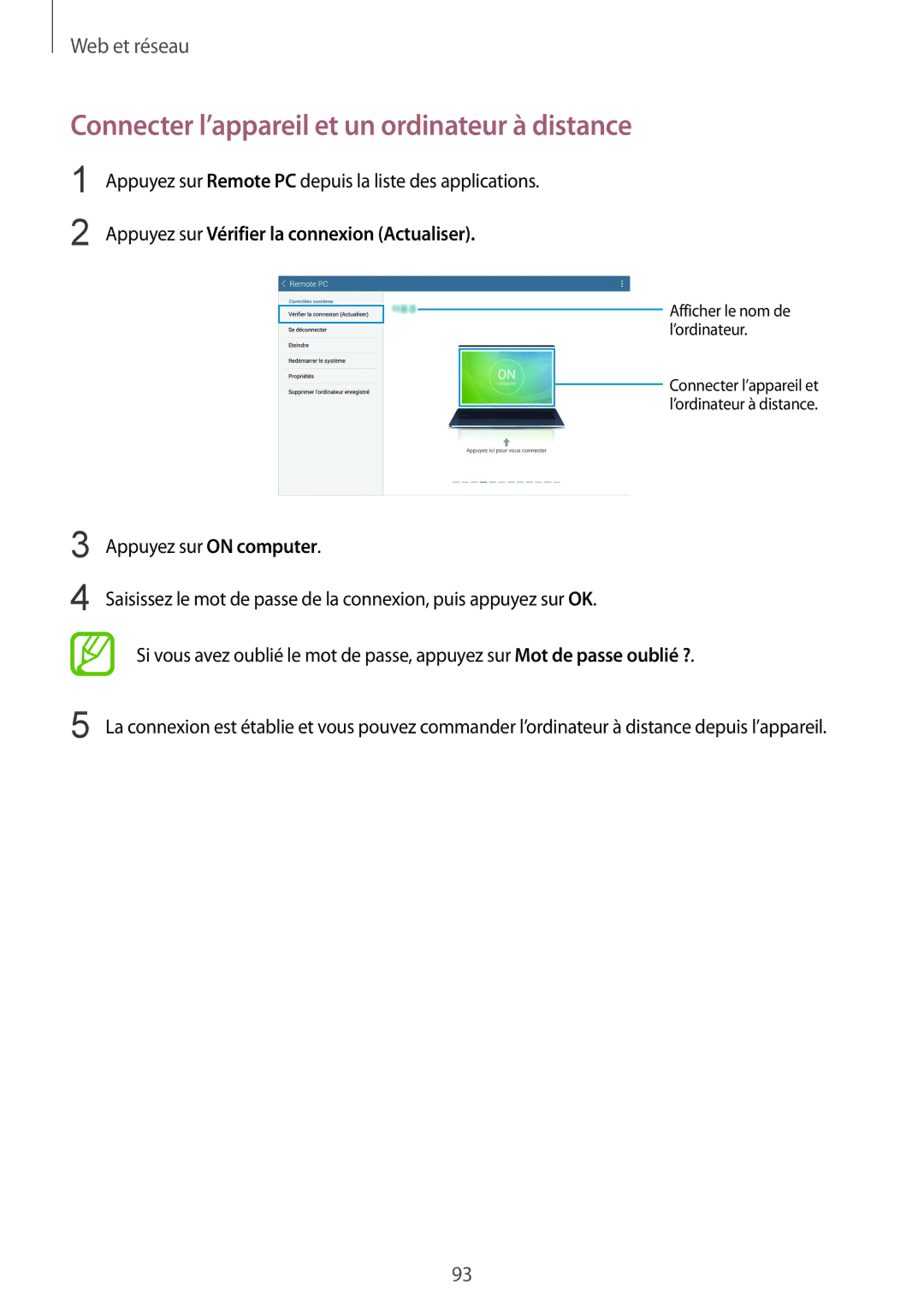 Samsung SM-T325NZWAXEF Connecter l’appareil et un ordinateur à distance, Appuyez sur Vérifier la connexion Actualiser 