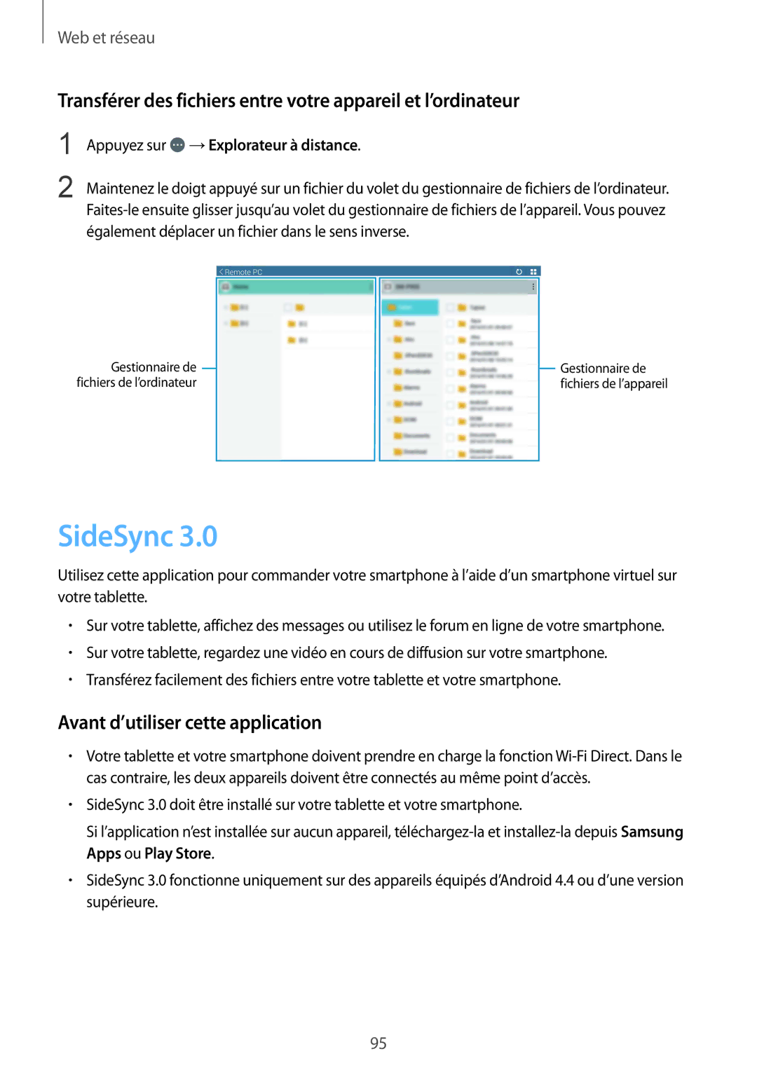 Samsung SM-T325NZWAXEF manual SideSync, Appuyez sur →Explorateur à distance 