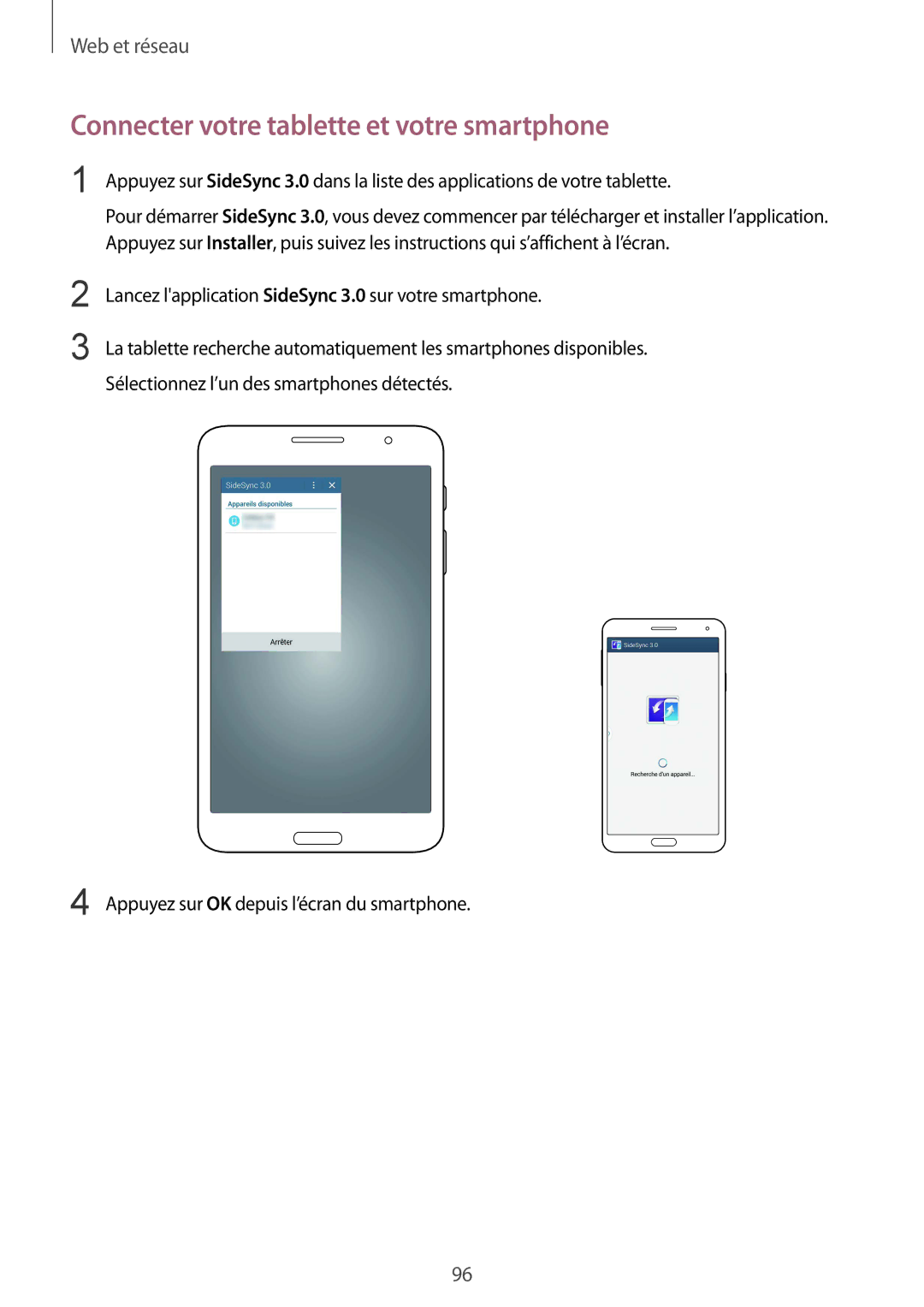 Samsung SM-T325NZWAXEF manual Connecter votre tablette et votre smartphone 