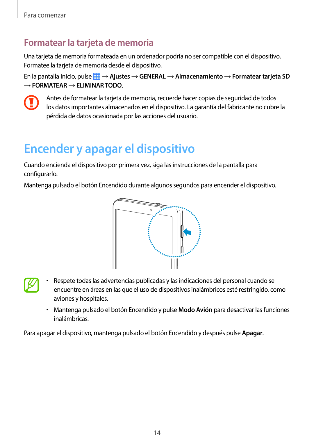 Samsung SM-T330NYKAPHE, SM-T330NZWAPHE manual Encender y apagar el dispositivo, Formatear la tarjeta de memoria 