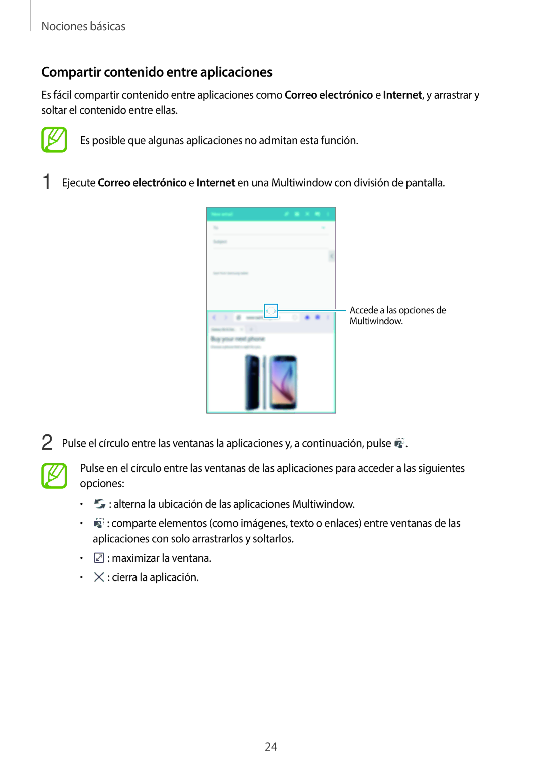 Samsung SM-T330NYKAPHE, SM-T330NZWAPHE manual Compartir contenido entre aplicaciones 