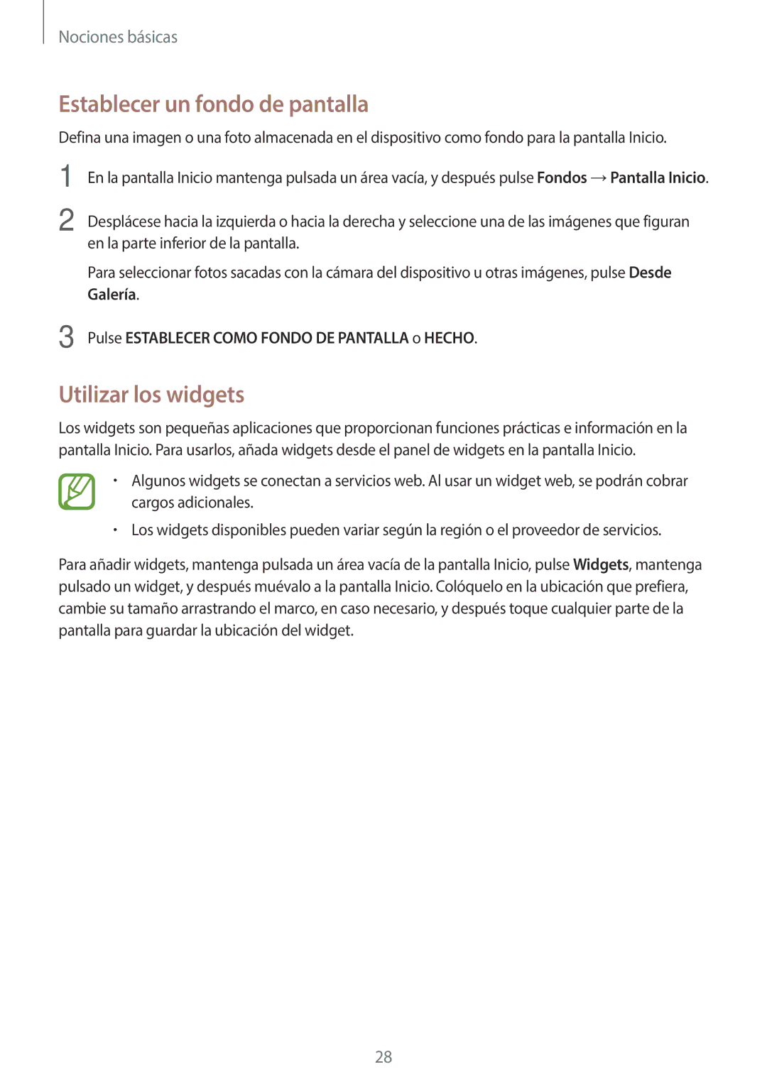 Samsung SM-T330NYKAPHE, SM-T330NZWAPHE manual Establecer un fondo de pantalla, Utilizar los widgets 