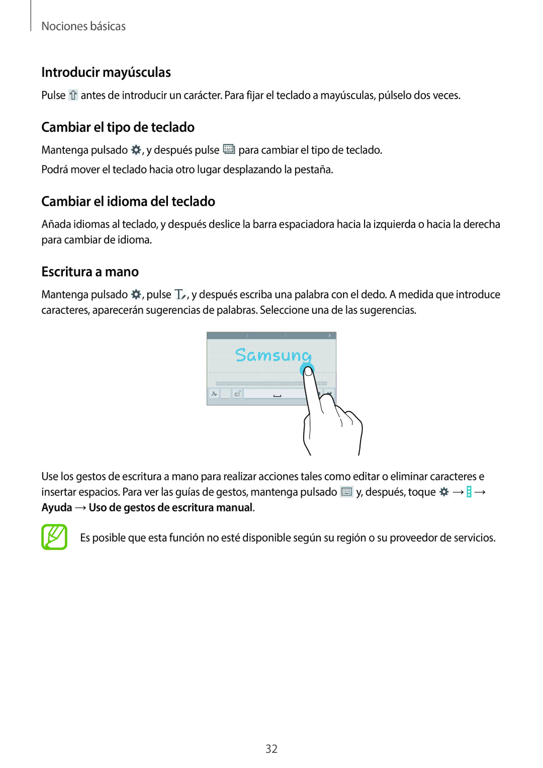 Samsung SM-T330NYKAPHE Introducir mayúsculas, Cambiar el tipo de teclado, Cambiar el idioma del teclado, Escritura a mano 