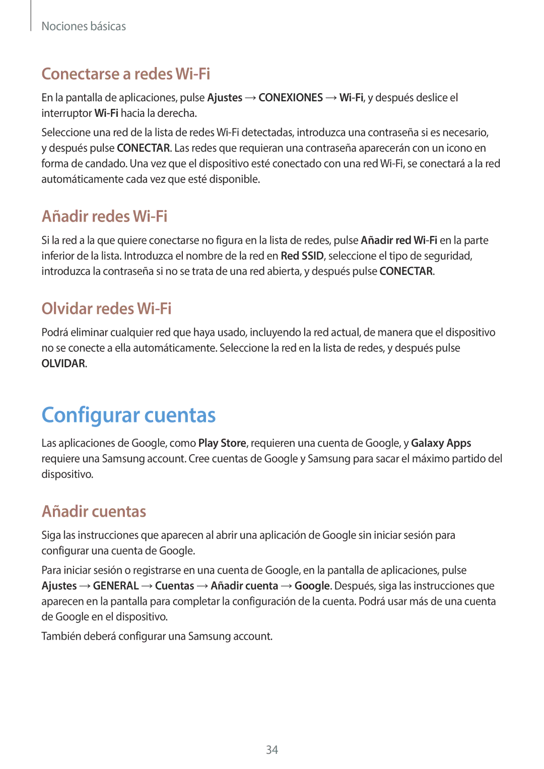 Samsung SM-T330NYKAPHE manual Configurar cuentas, Conectarse a redes Wi-Fi, Añadir redes Wi-Fi, Olvidar redes Wi-Fi 