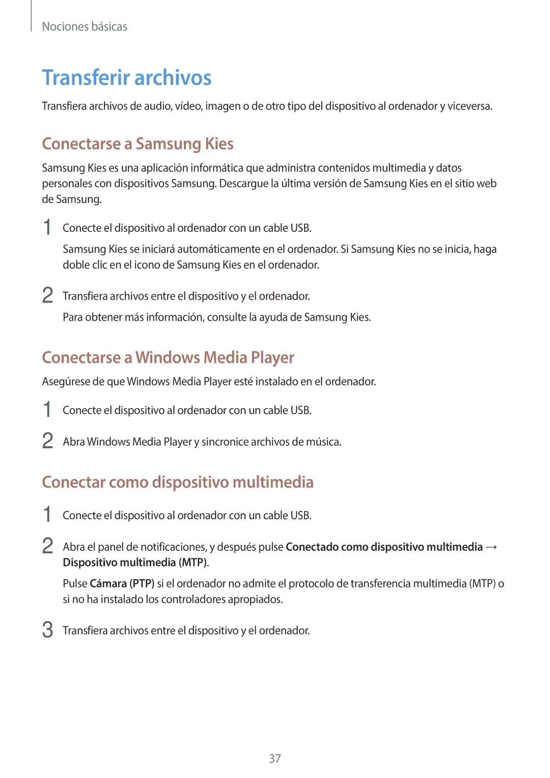 Samsung SM-T330NZWAPHE, SM-T330NYKAPHE Transferir archivos, Conectarse a Samsung Kies, Conectarse a Windows Media Player 