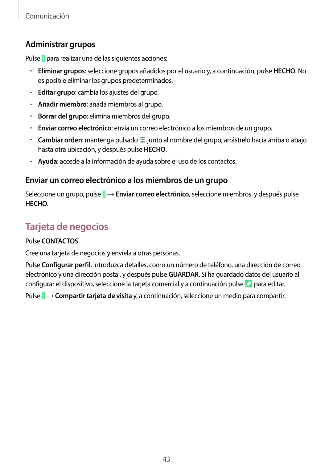 Samsung SM-T330NZWAPHE Tarjeta de negocios, Administrar grupos, Enviar un correo electrónico a los miembros de un grupo 