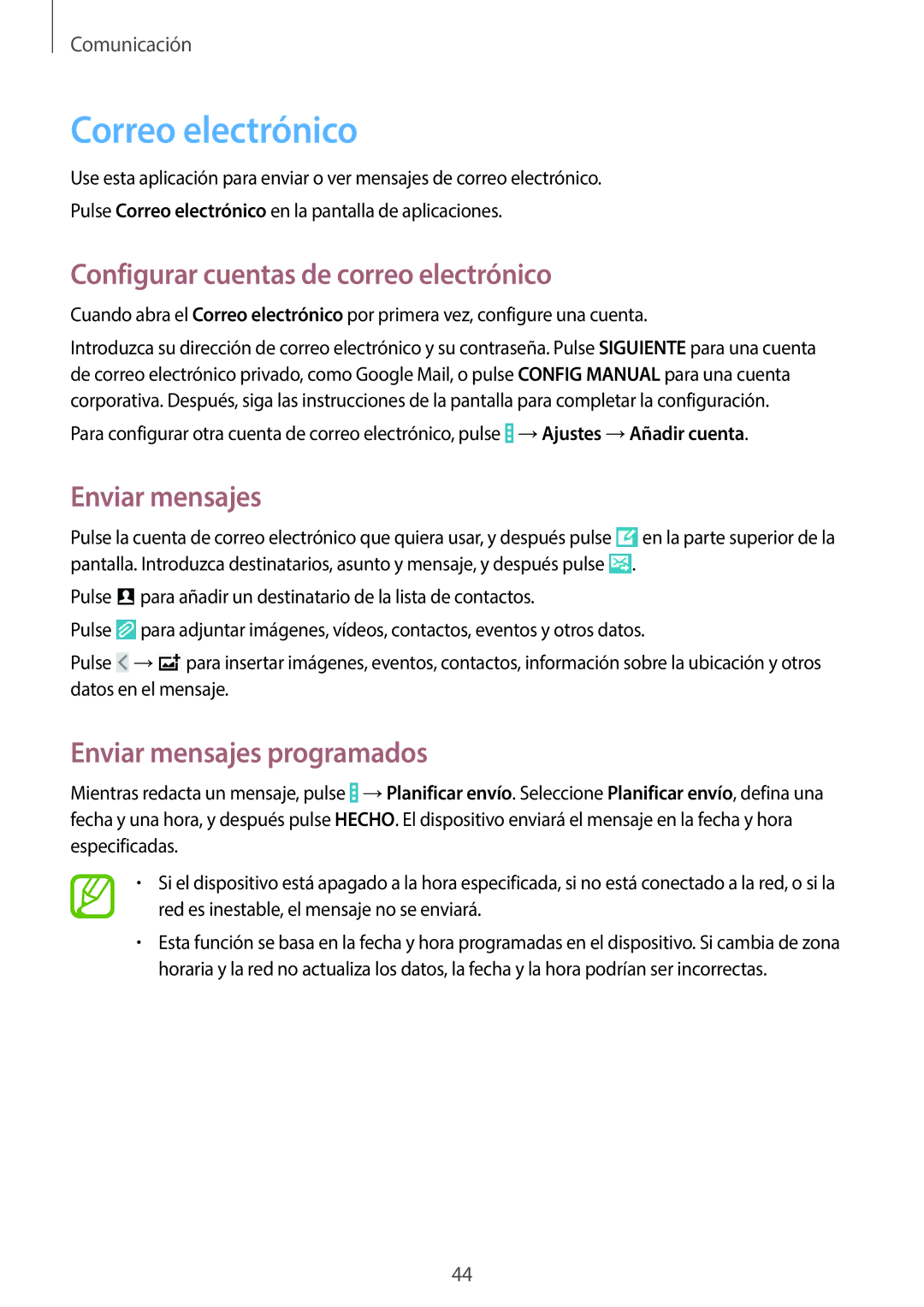 Samsung SM-T330NYKAPHE, SM-T330NZWAPHE manual Correo electrónico, Configurar cuentas de correo electrónico, Enviar mensajes 