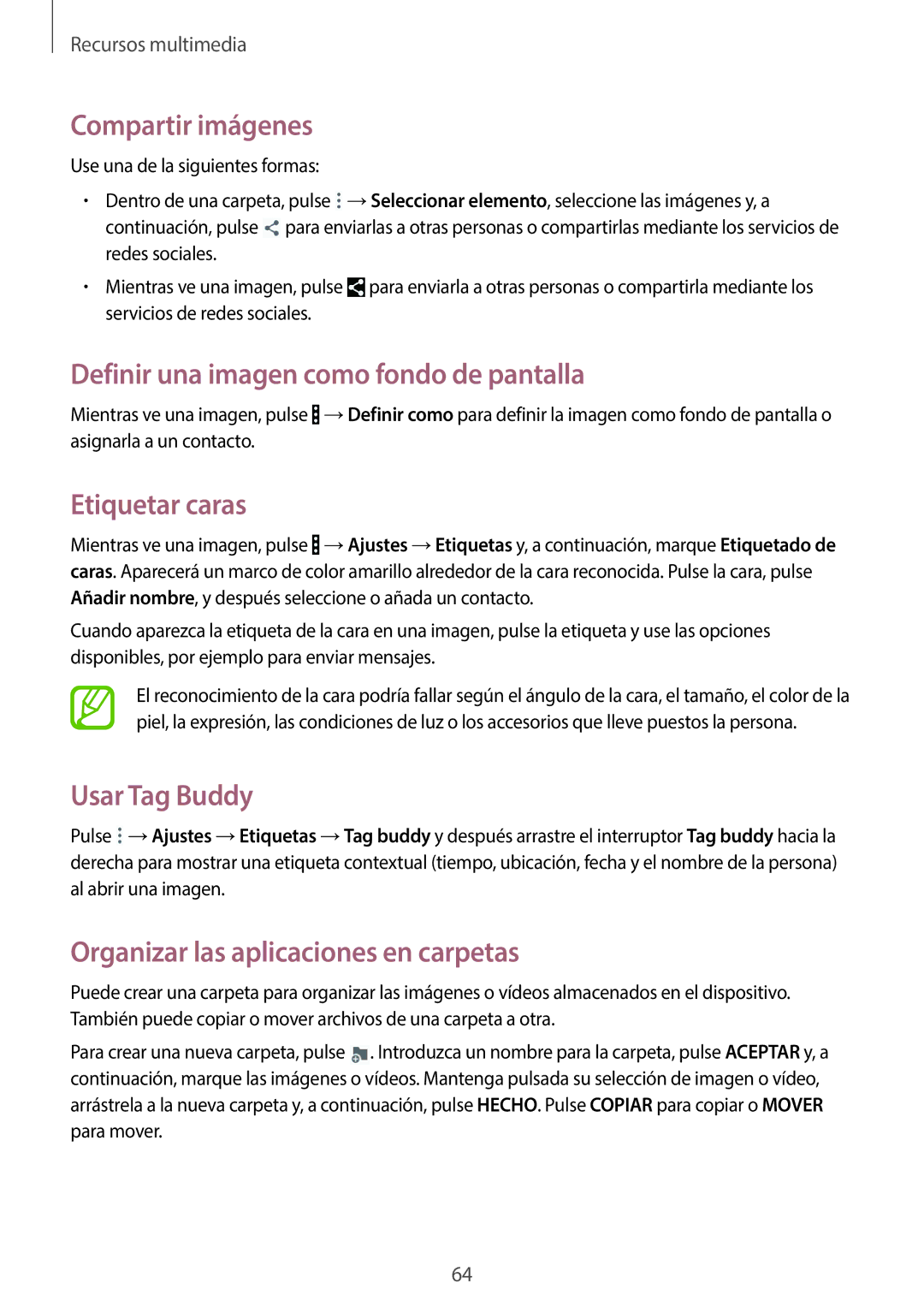 Samsung SM-T330NYKAPHE Compartir imágenes, Definir una imagen como fondo de pantalla, Etiquetar caras, Usar Tag Buddy 